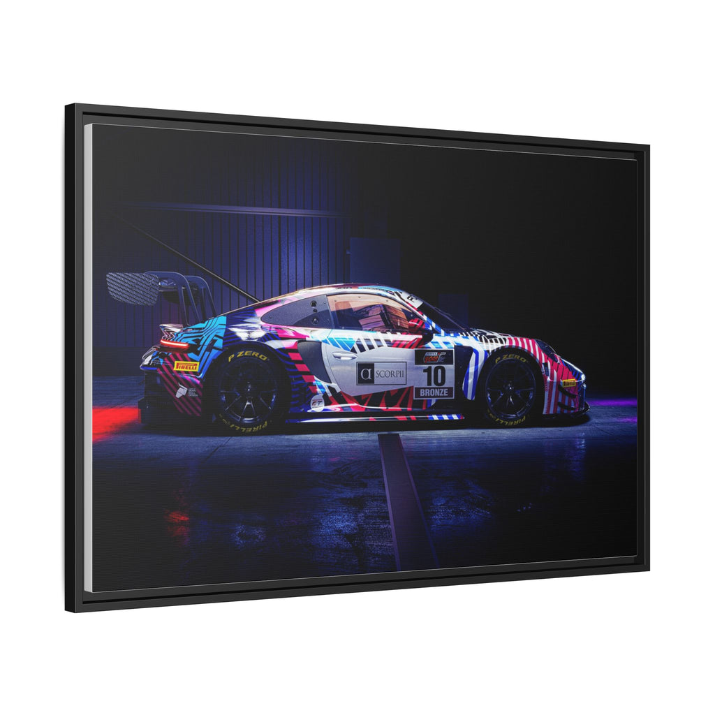 Framed Matte Canvas Print — Neon Racecar Wall Art