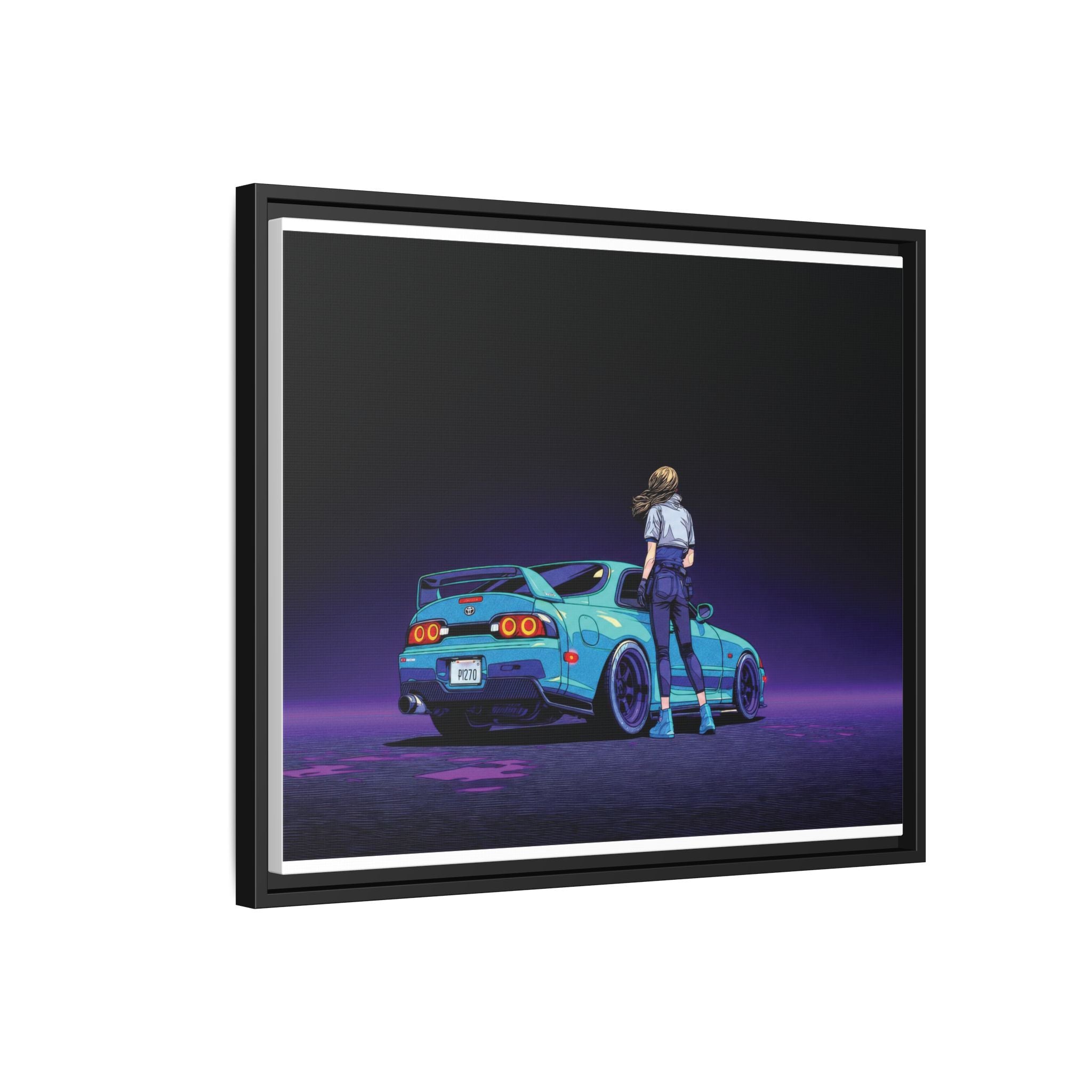 Retro Neon Race Car Poster Matte Canvas Framed | Anime Driver Wall Art