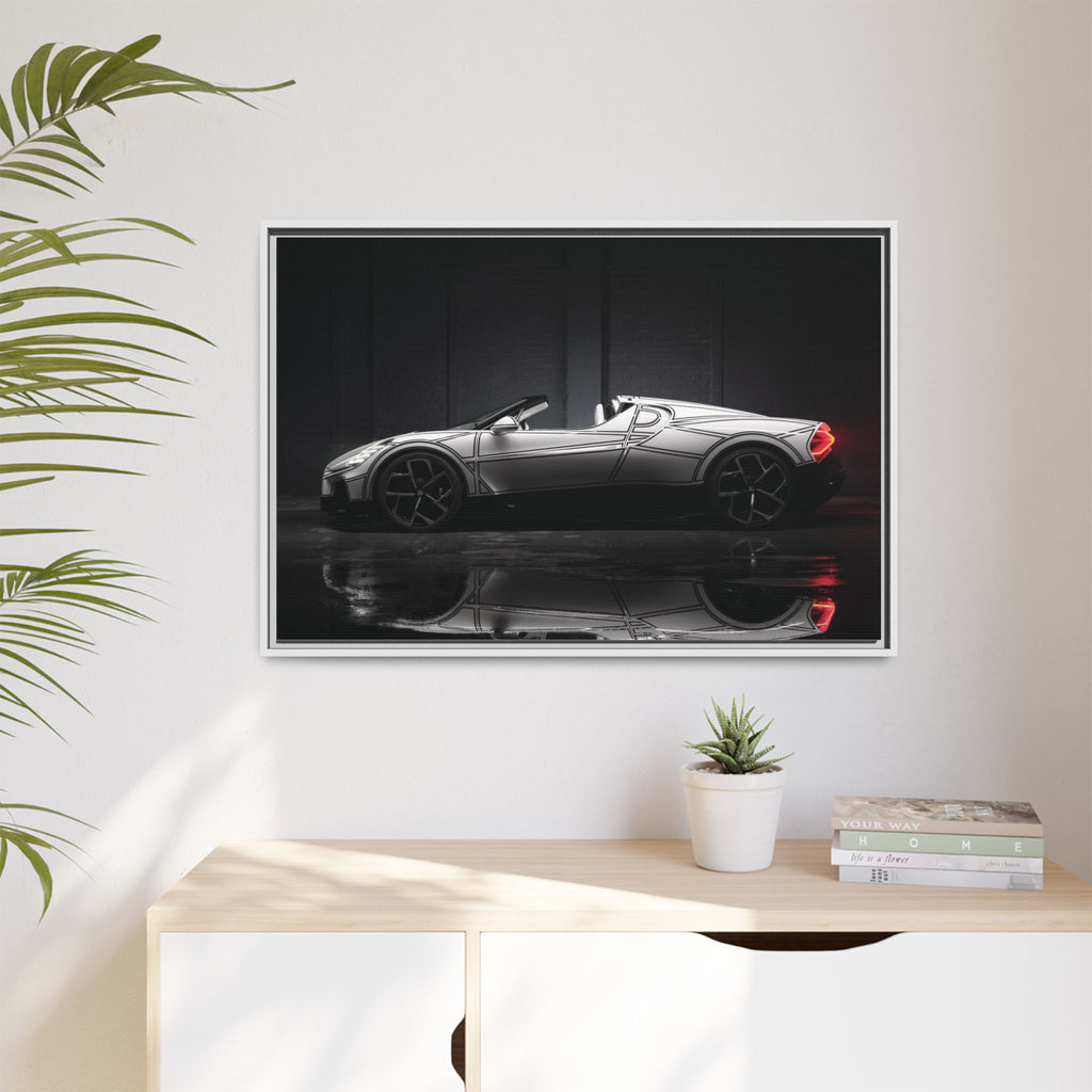 Framed Matte Canvas: Sleek Sports Car Reflection Wall Art
