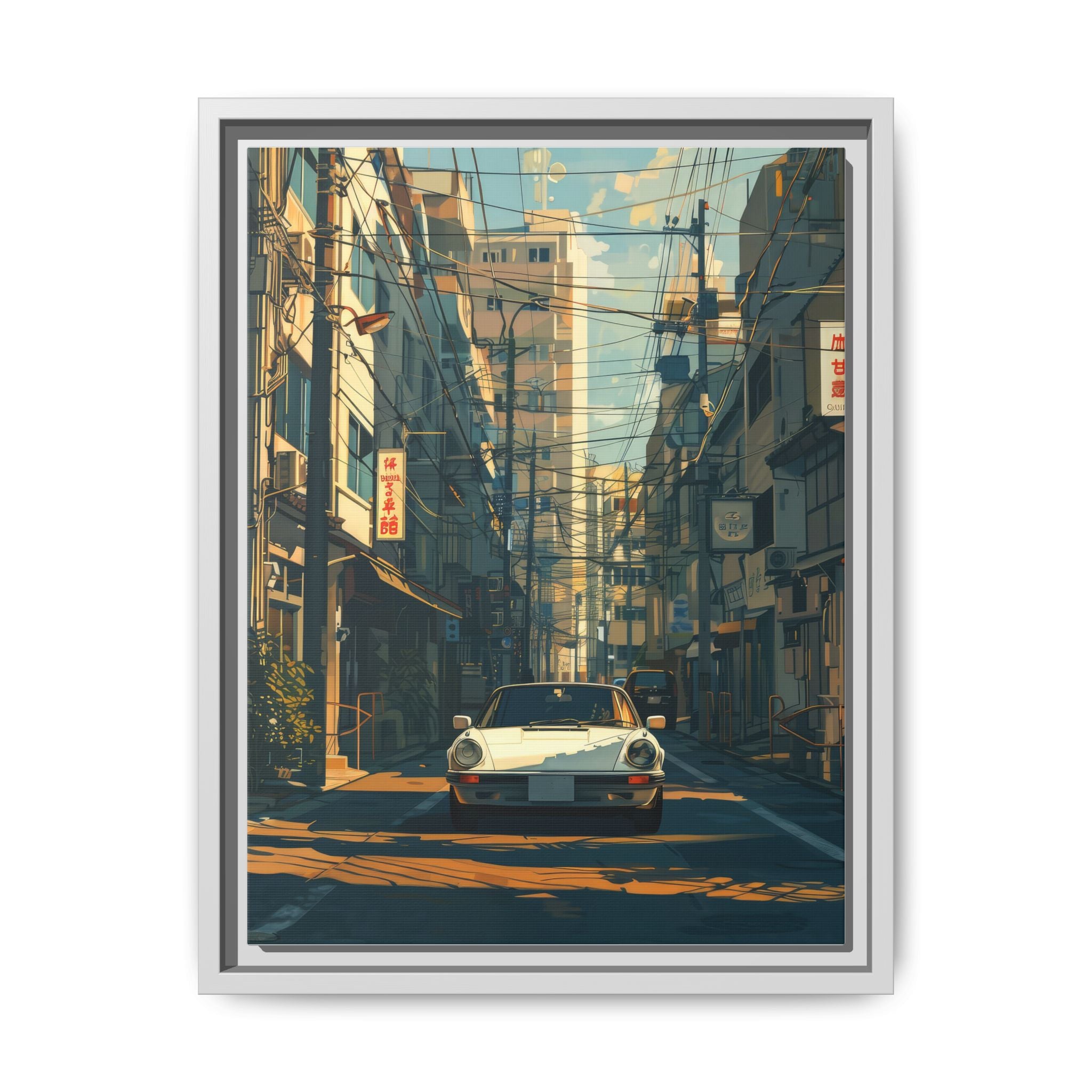 Vintage Sports Car Cityscape Framed Canvas Print
