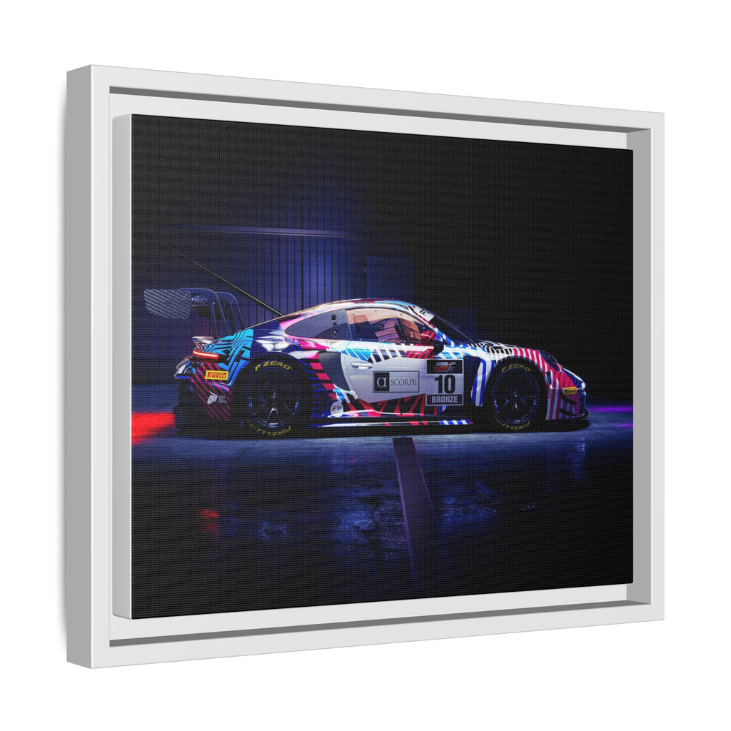 Framed Matte Canvas Print — Neon Racecar Wall Art