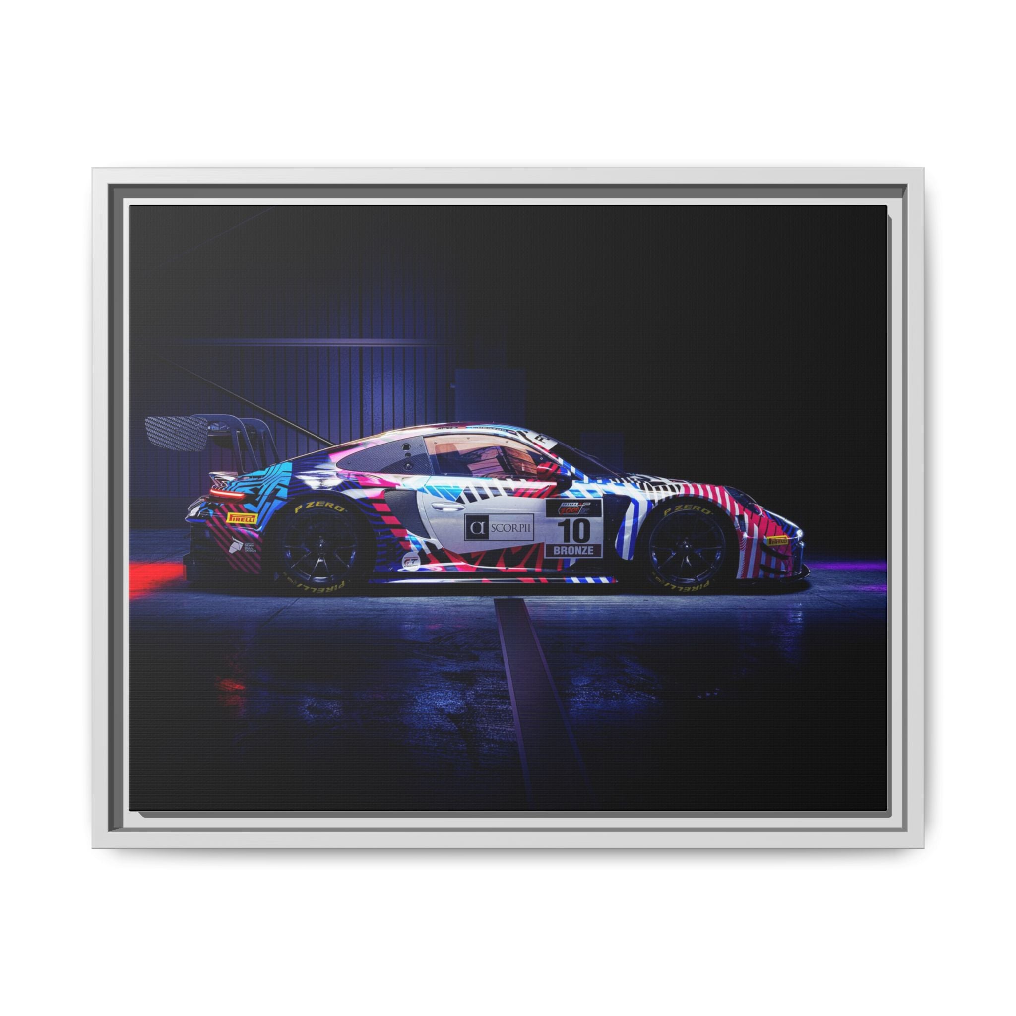 Framed Matte Canvas Print — Neon Racecar Wall Art