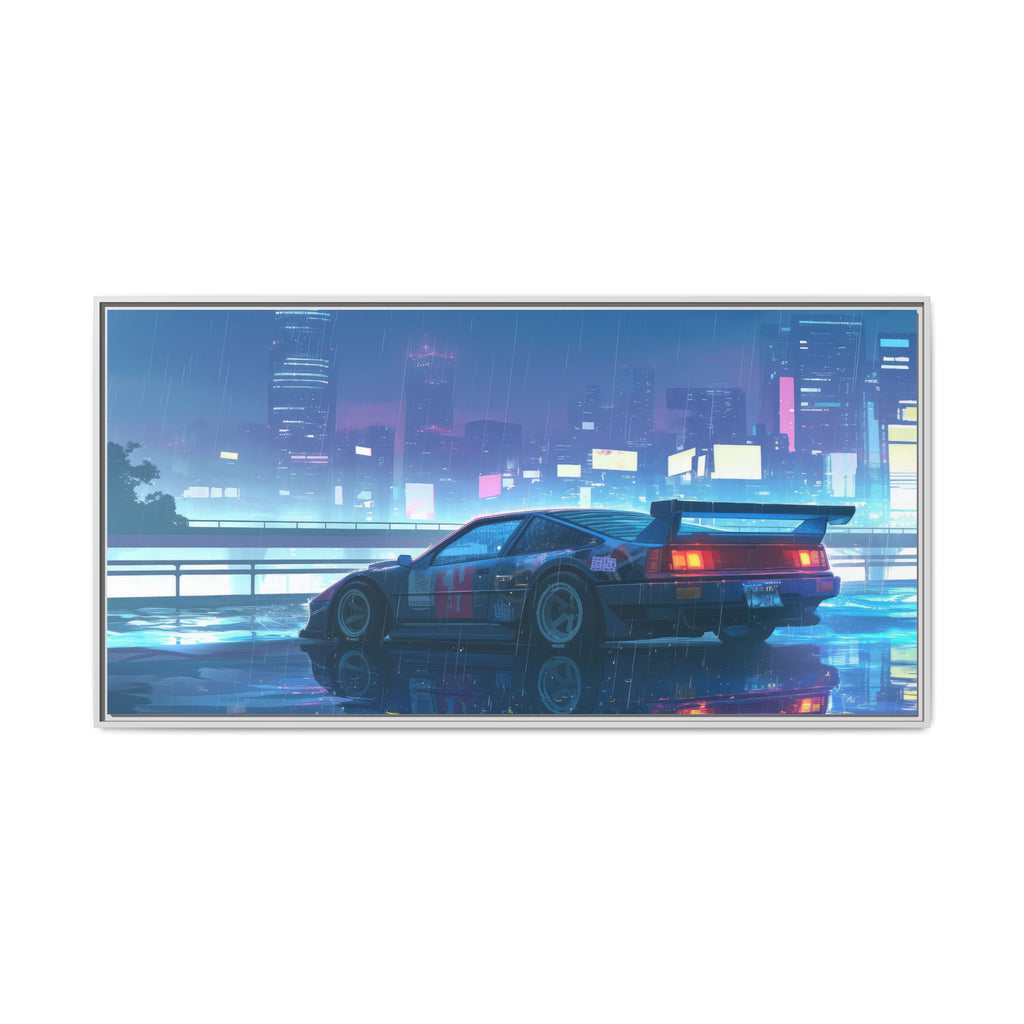 Retro Neon City Car Matte Canvas Print — Framed Wall Art