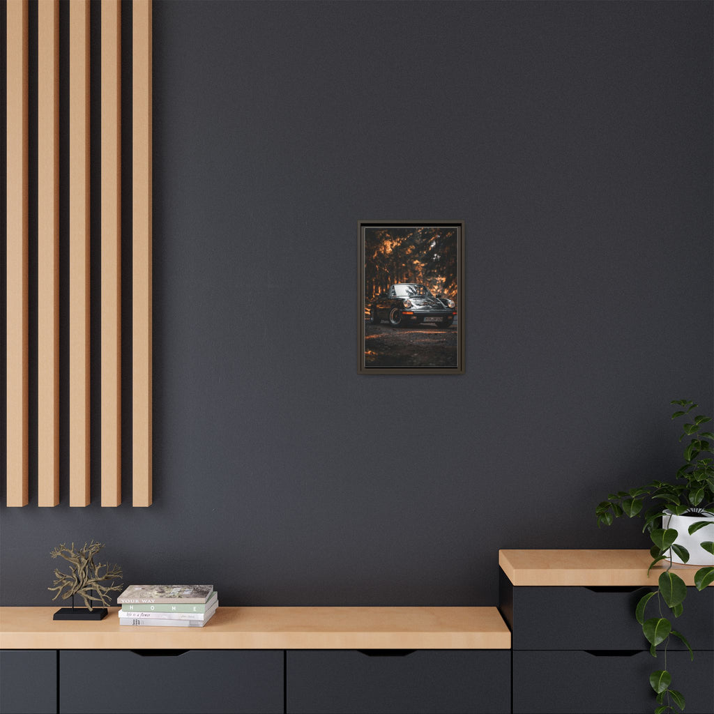 Framed Matte Canvas Print — Vintage Black Porsche in Autumn Forest