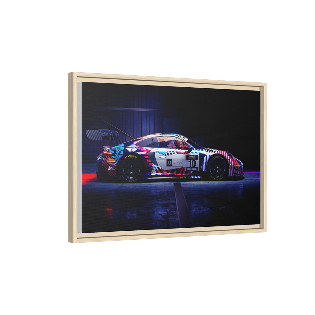 Framed Matte Canvas Print — Neon Racecar Wall Art