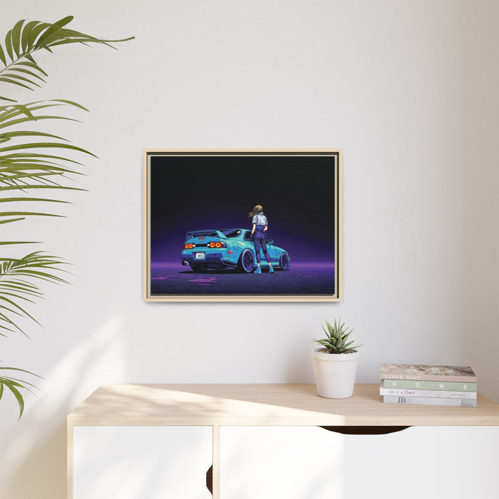 Retro Neon Race Car Poster Matte Canvas Framed | Anime Driver Wall Art