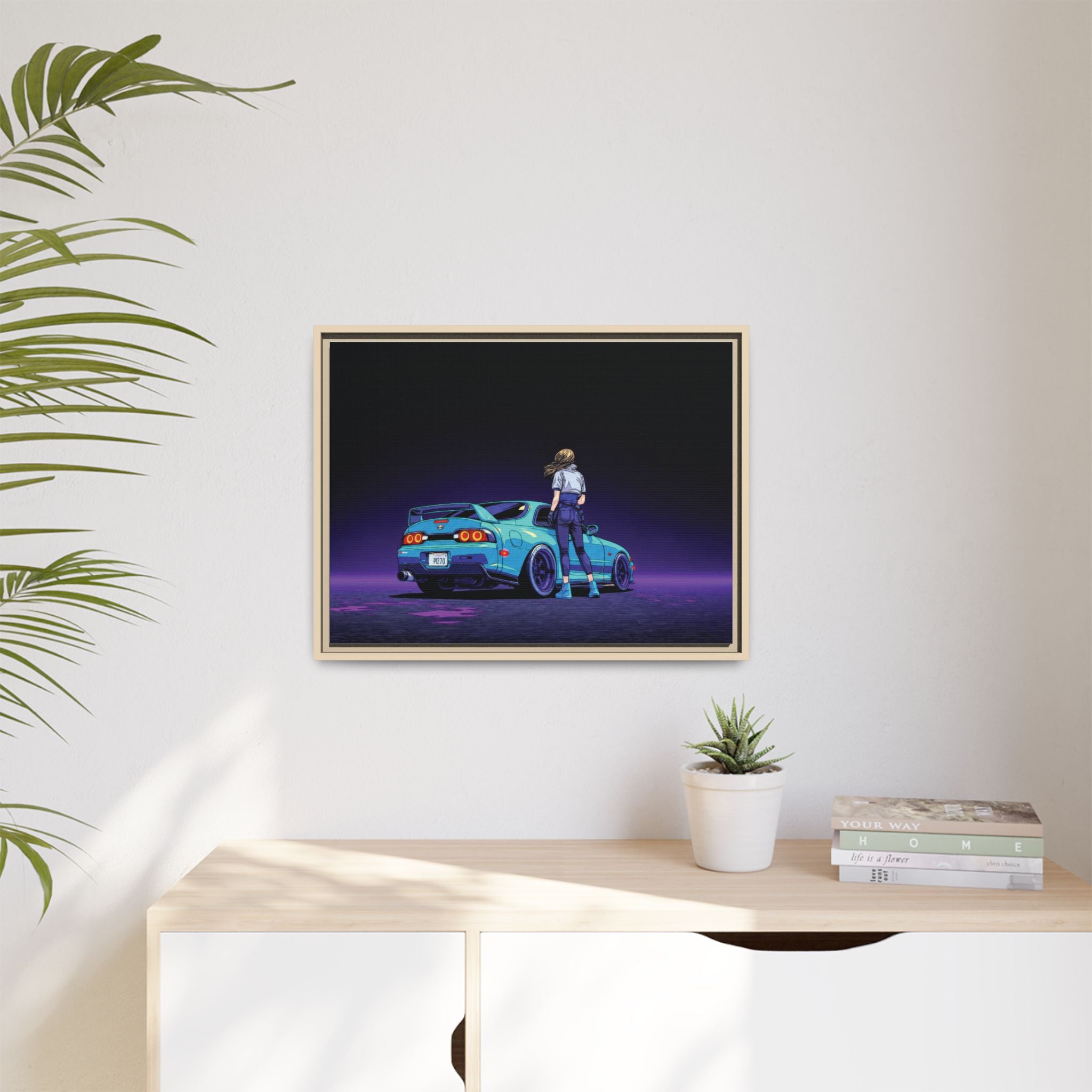 Retro Neon Race Car Poster Matte Canvas Framed | Anime Driver Wall Art