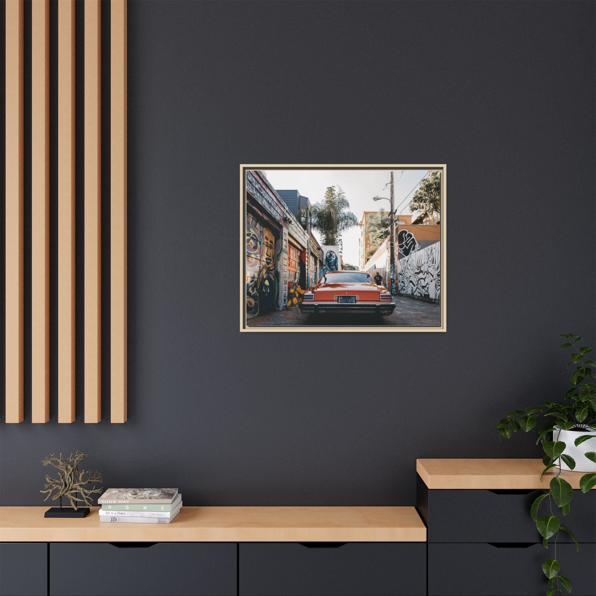 Vintage Chevrolet in Graffiti Alley — Framed Matte Canvas Wall Art
