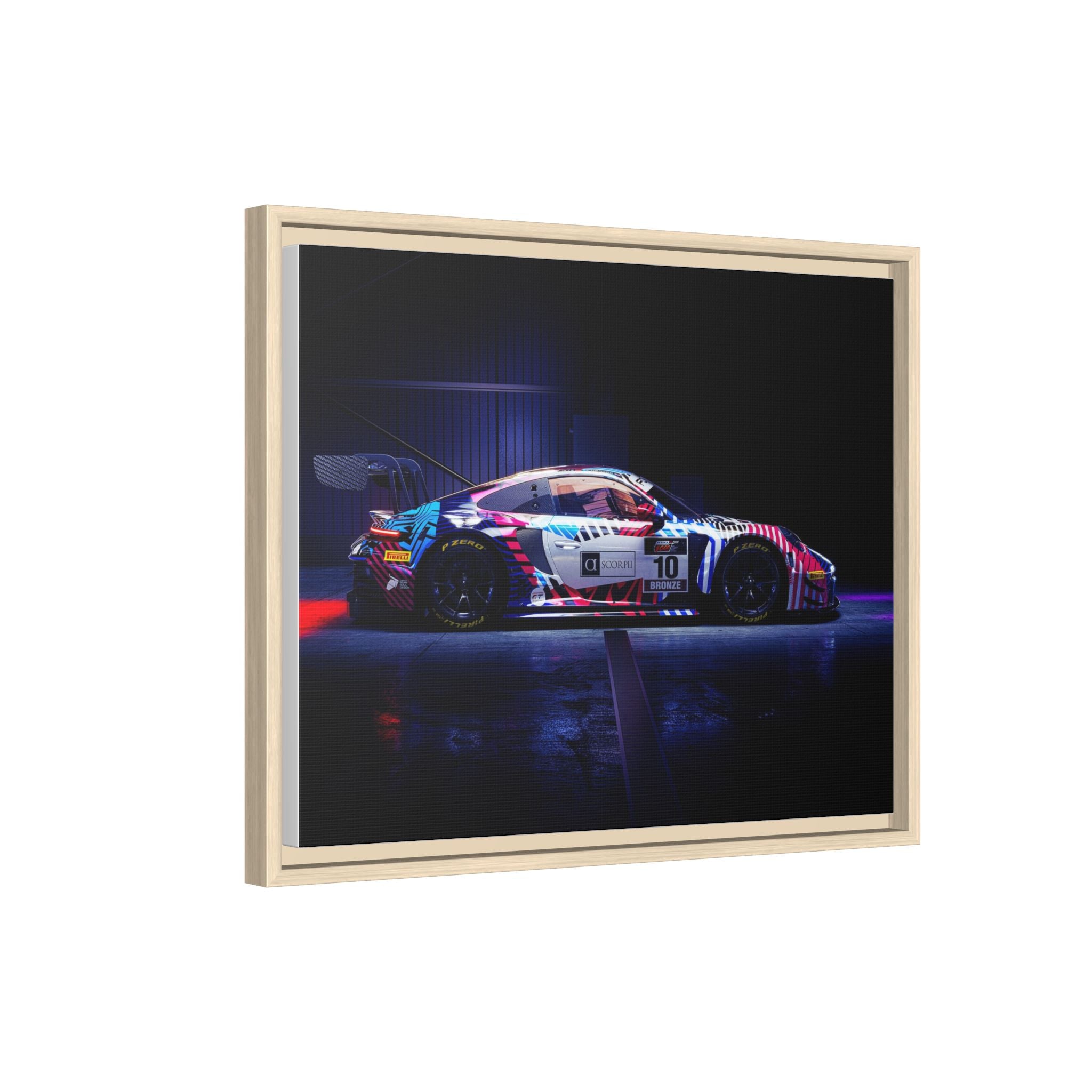 Framed Matte Canvas Print — Neon Racecar Wall Art