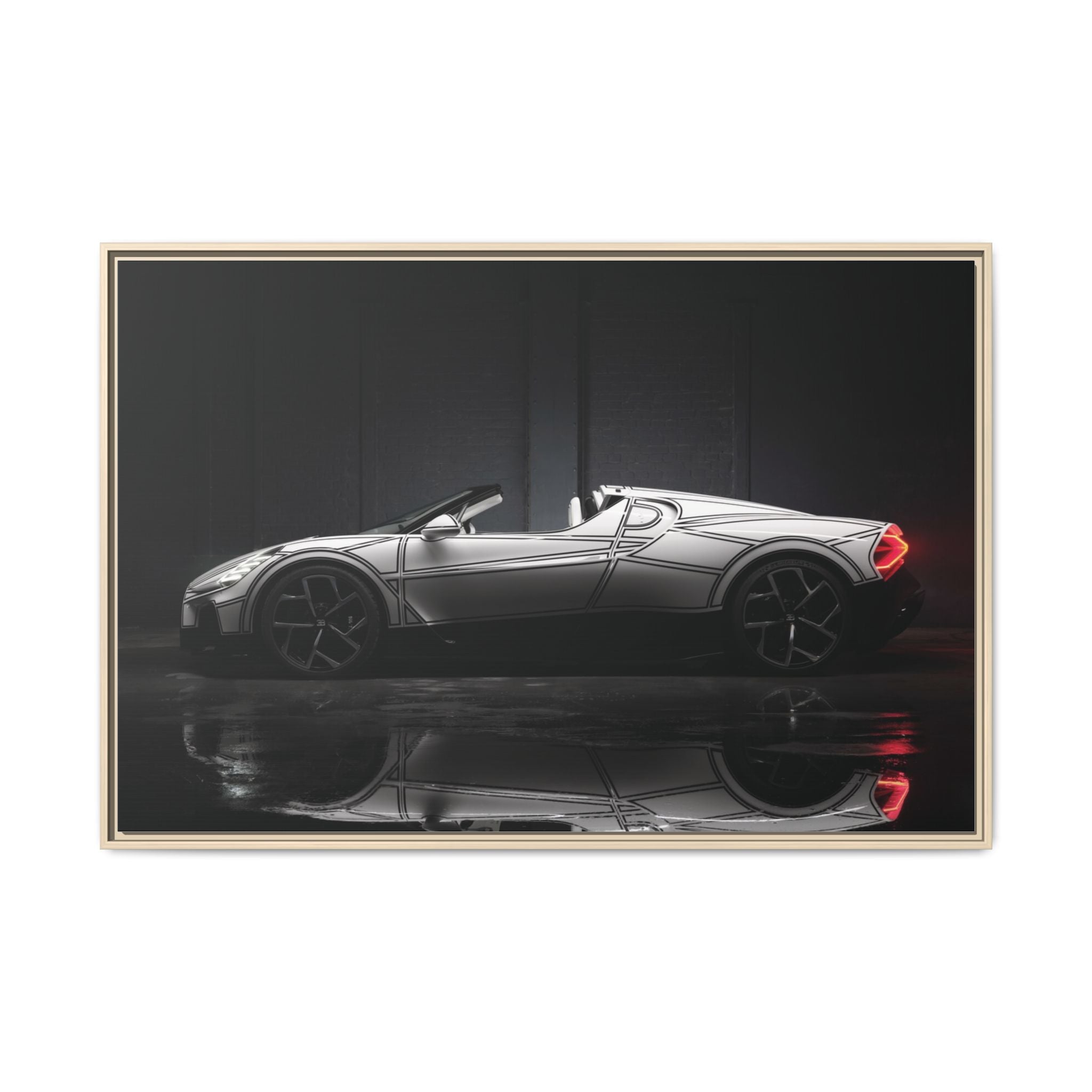 Framed Matte Canvas: Sleek Sports Car Reflection Wall Art