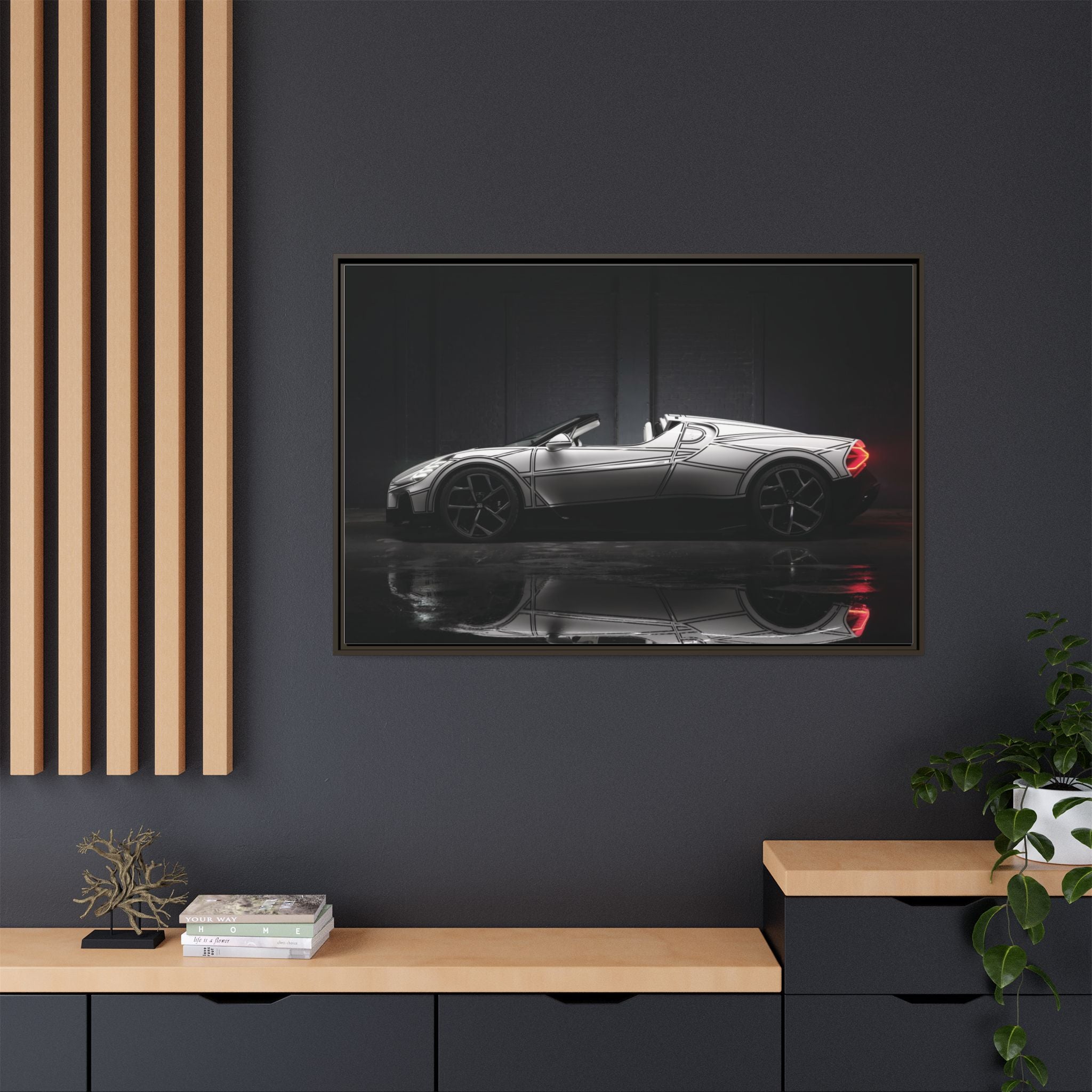 Framed Matte Canvas: Sleek Sports Car Reflection Wall Art