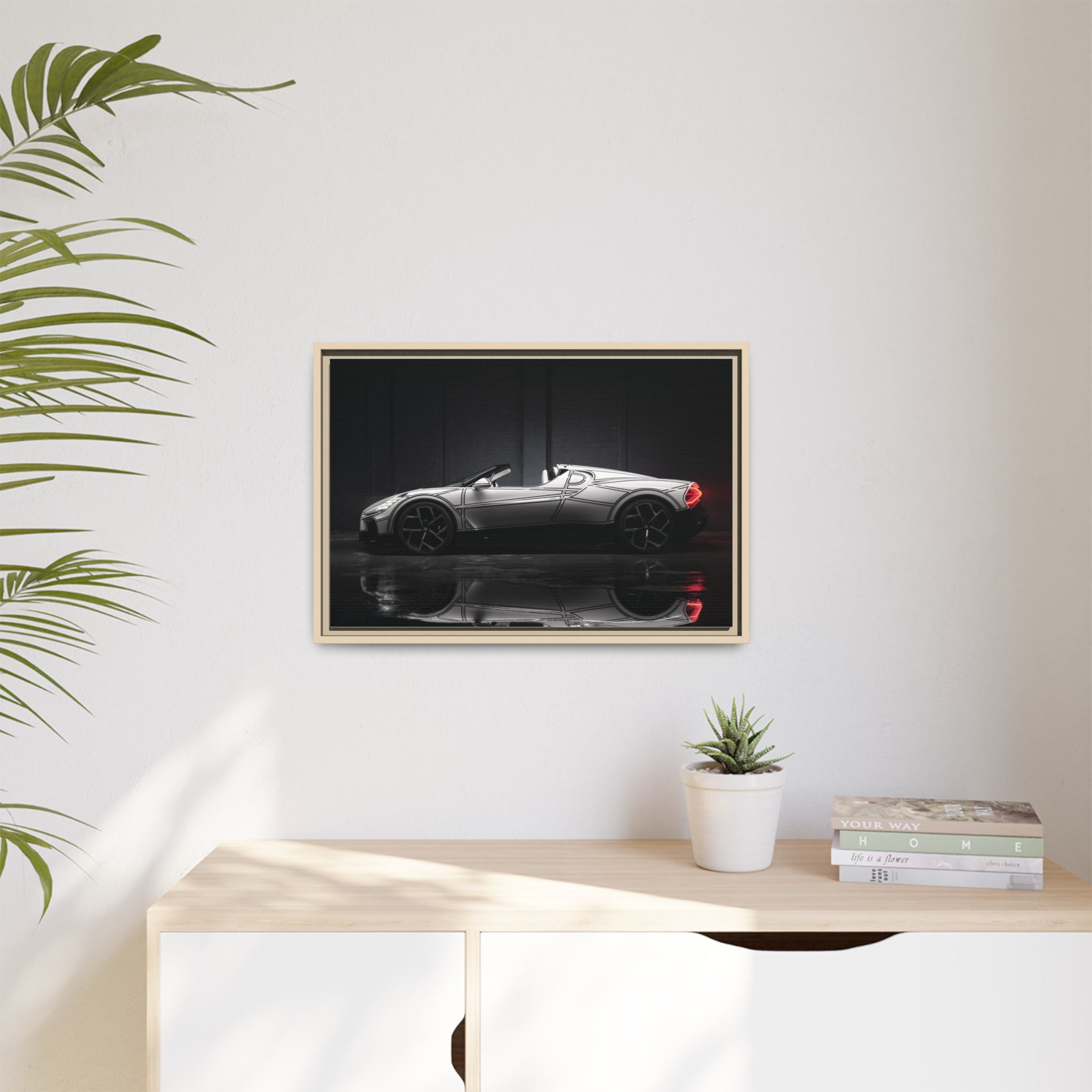 Framed Matte Canvas: Sleek Sports Car Reflection Wall Art