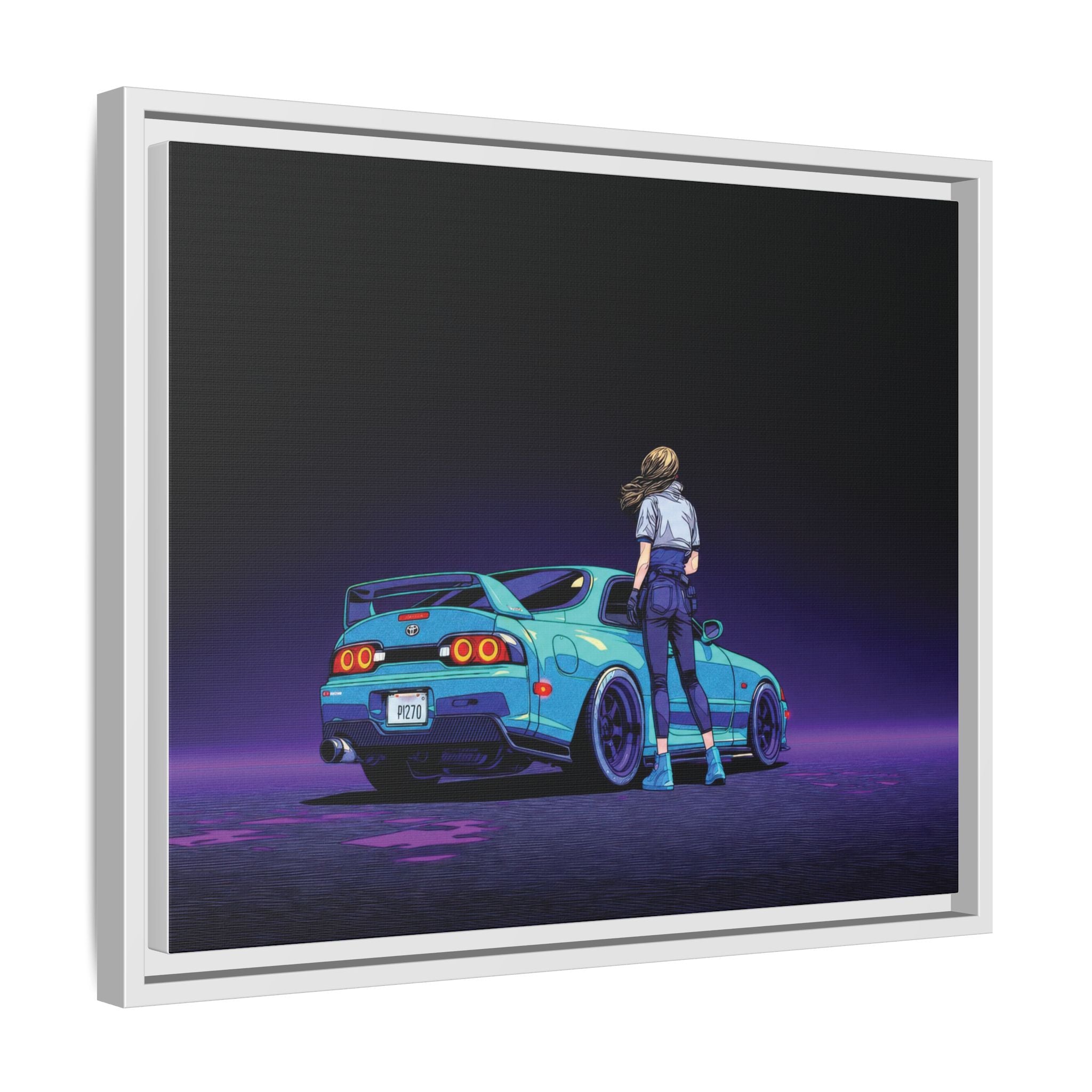 Retro Neon Race Car Poster Matte Canvas Framed | Anime Driver Wall Art