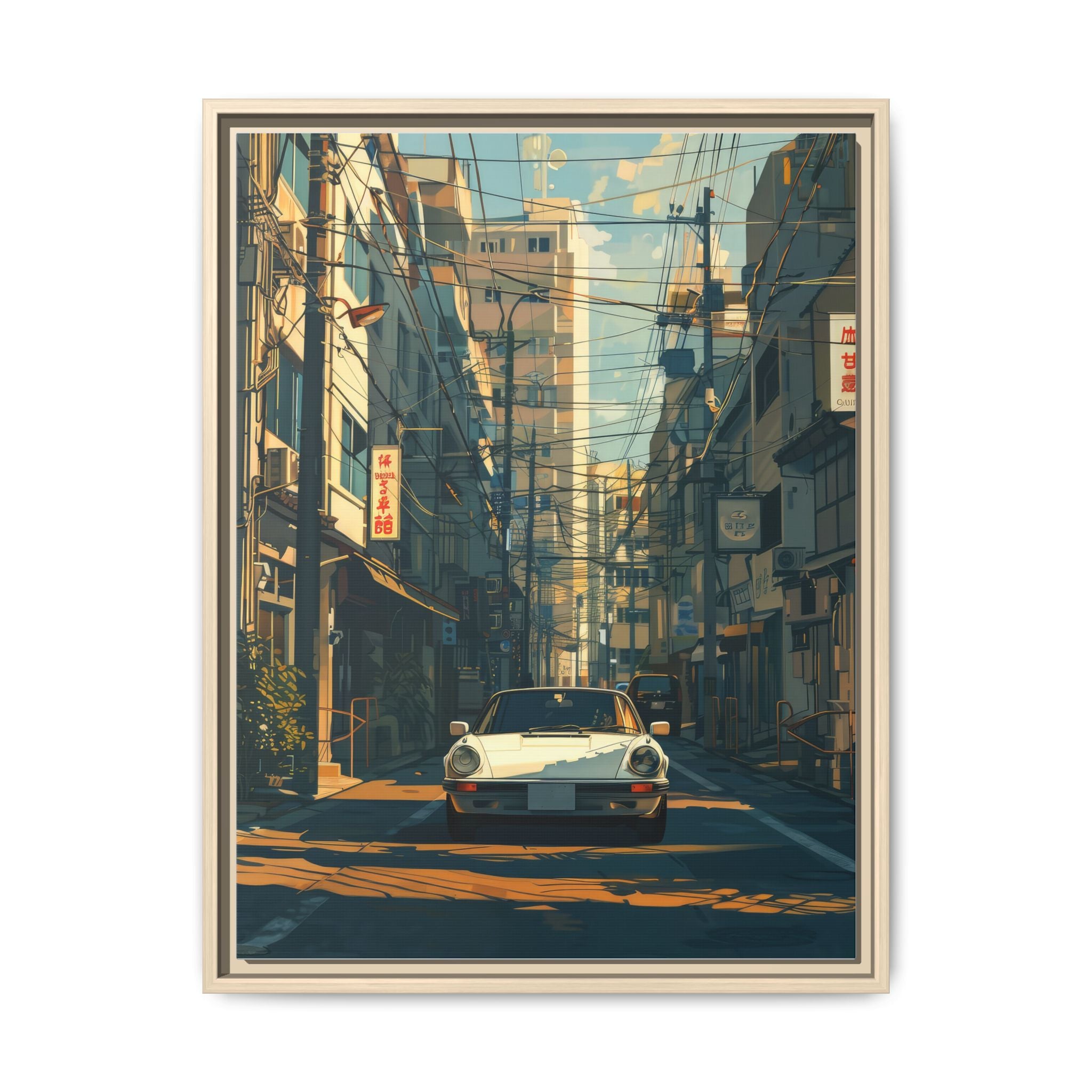 Vintage Sports Car Cityscape Framed Canvas Print