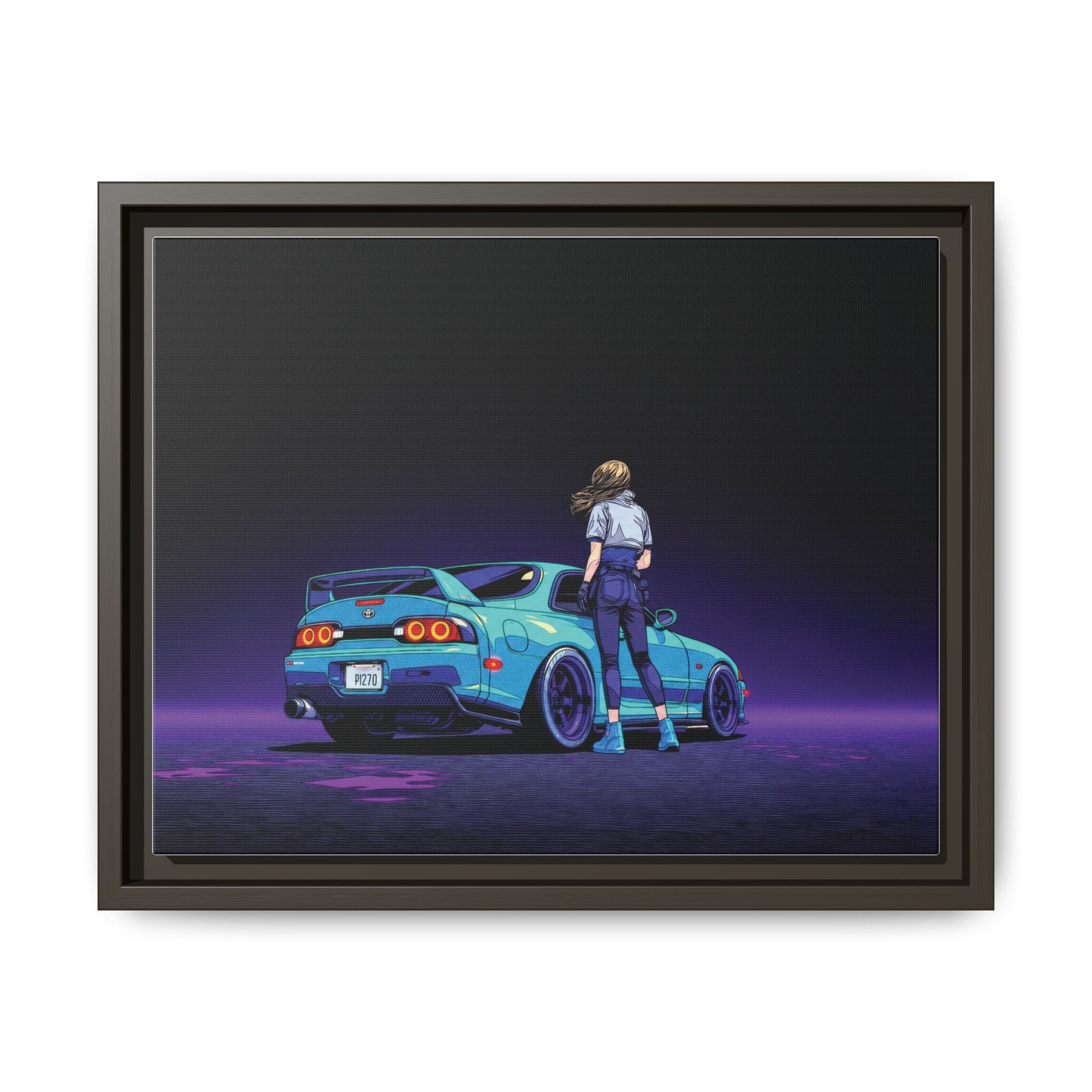 Retro Neon Race Car Poster Matte Canvas Framed | Anime Driver Wall Art