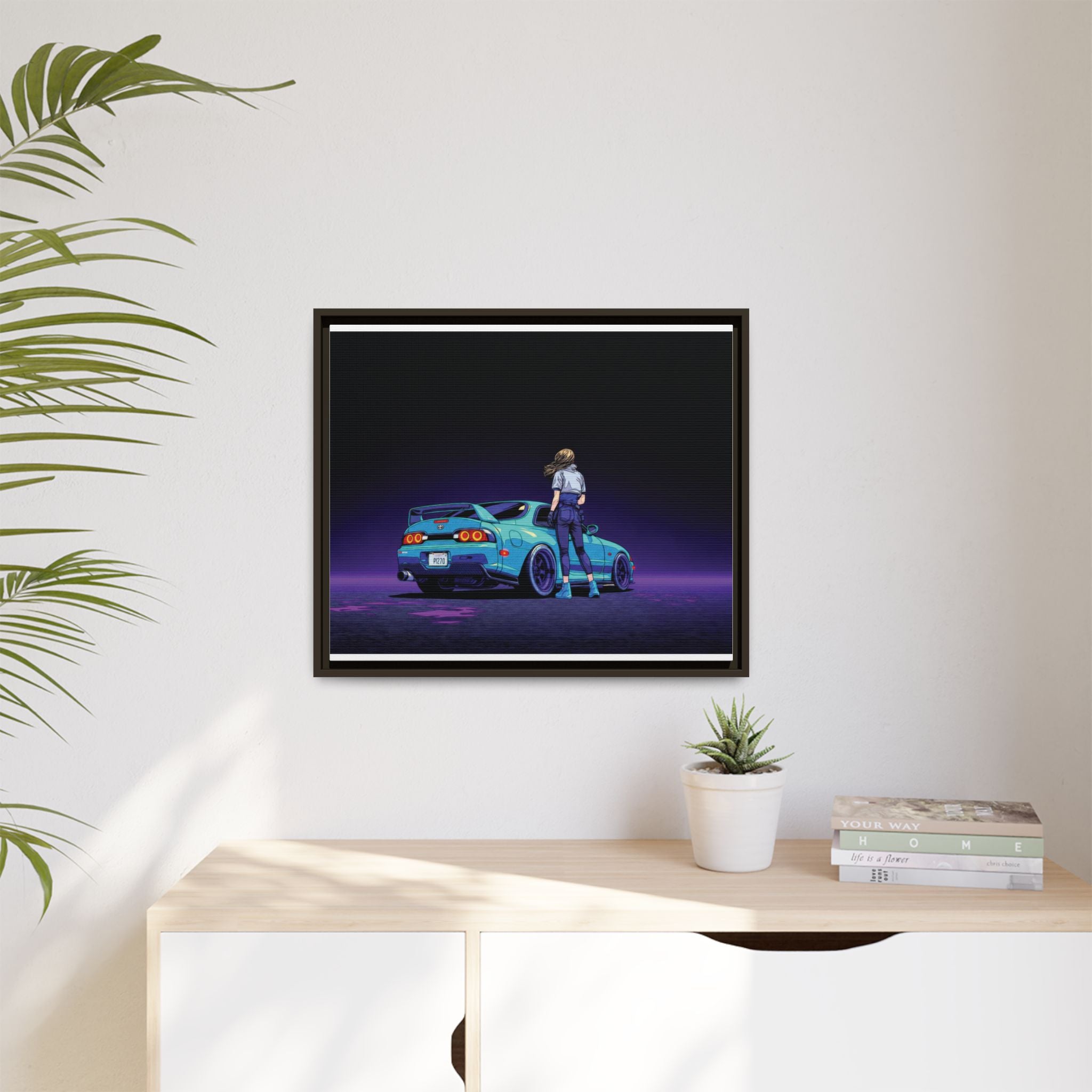 Retro Neon Race Car Poster Matte Canvas Framed | Anime Driver Wall Art