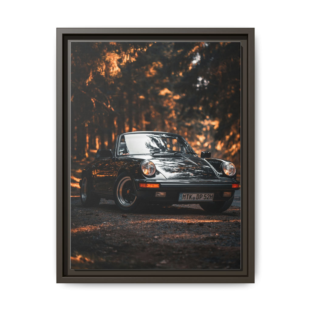 Framed Matte Canvas Print — Vintage Black Porsche in Autumn Forest