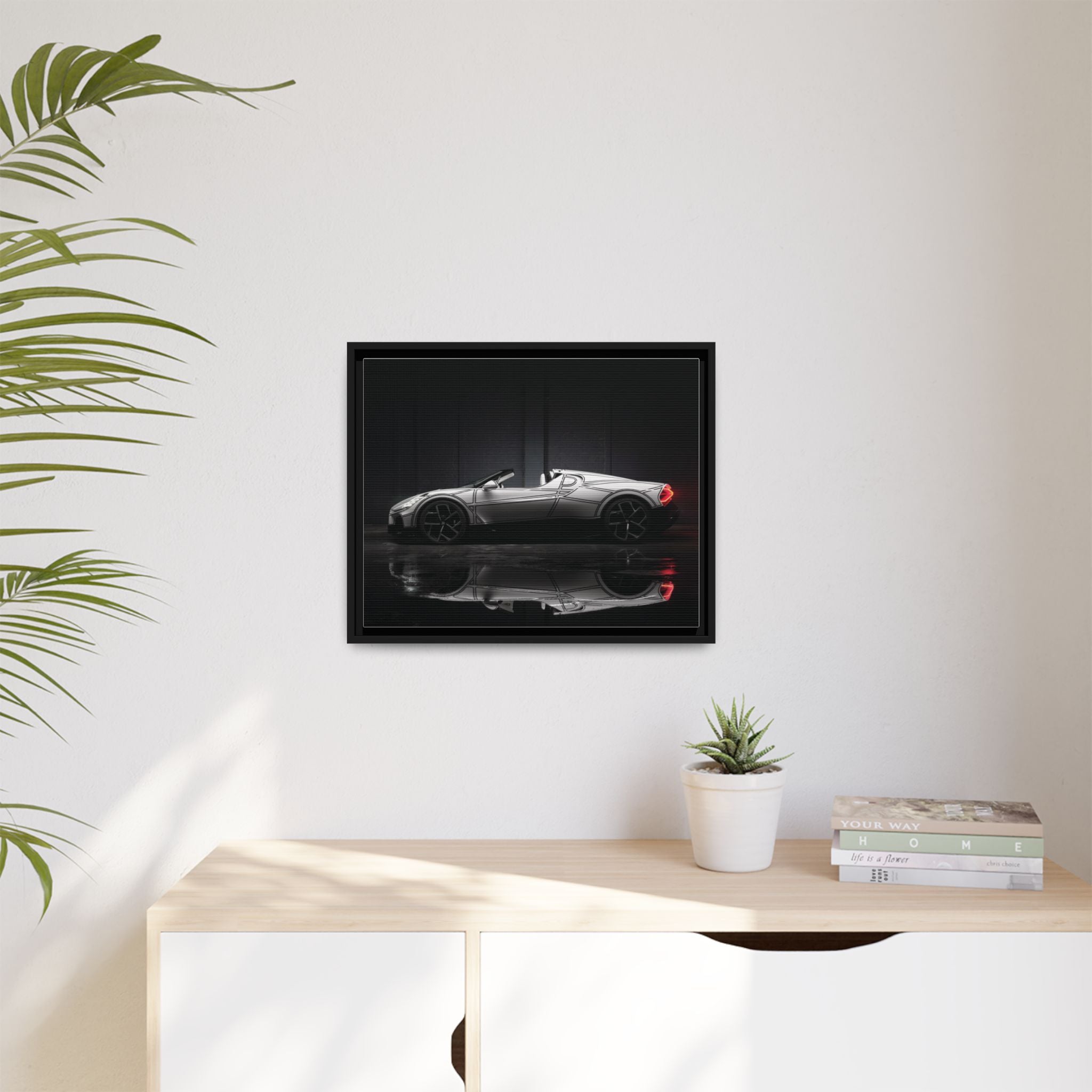 Framed Matte Canvas: Sleek Sports Car Reflection Wall Art