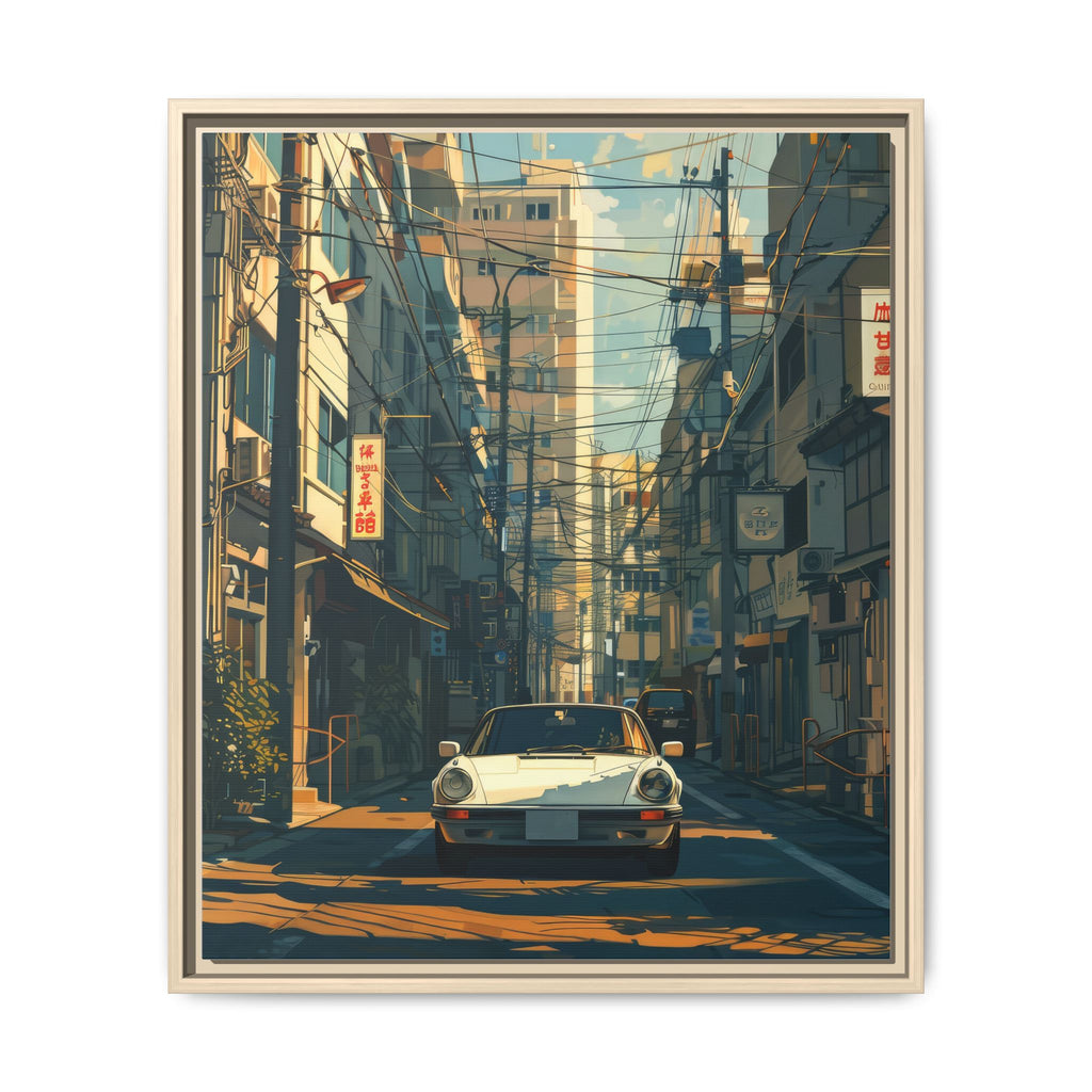 Vintage Sports Car Cityscape Framed Canvas Print