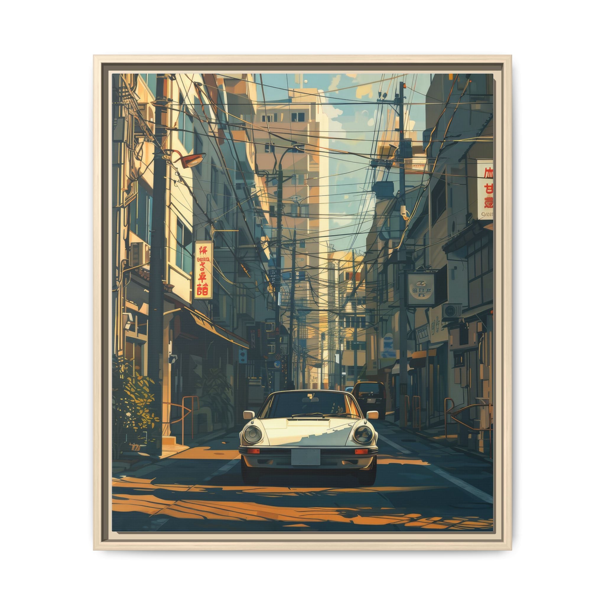 Vintage Sports Car Cityscape Framed Canvas Print