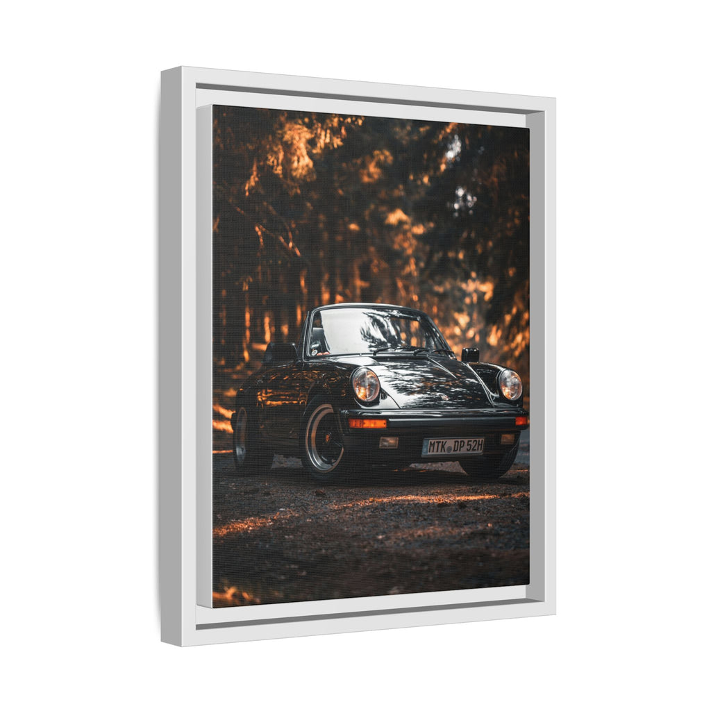 Framed Matte Canvas Print — Vintage Black Porsche in Autumn Forest