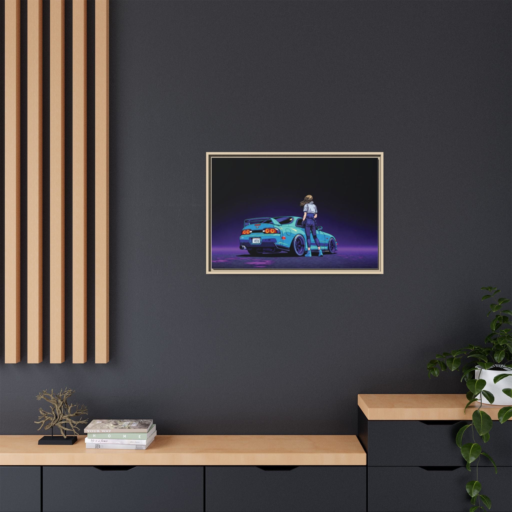 Retro Neon Race Car Poster Matte Canvas Framed | Anime Driver Wall Art