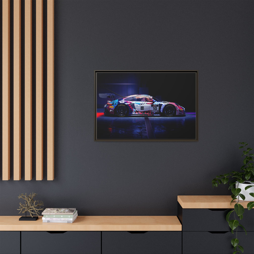 Framed Matte Canvas Print — Neon Racecar Wall Art