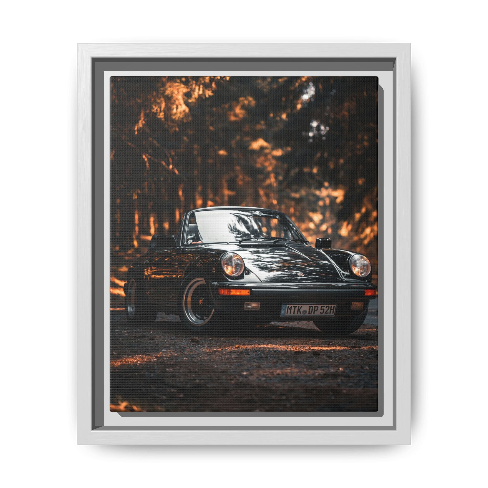 Framed Matte Canvas Print — Vintage Black Porsche in Autumn Forest