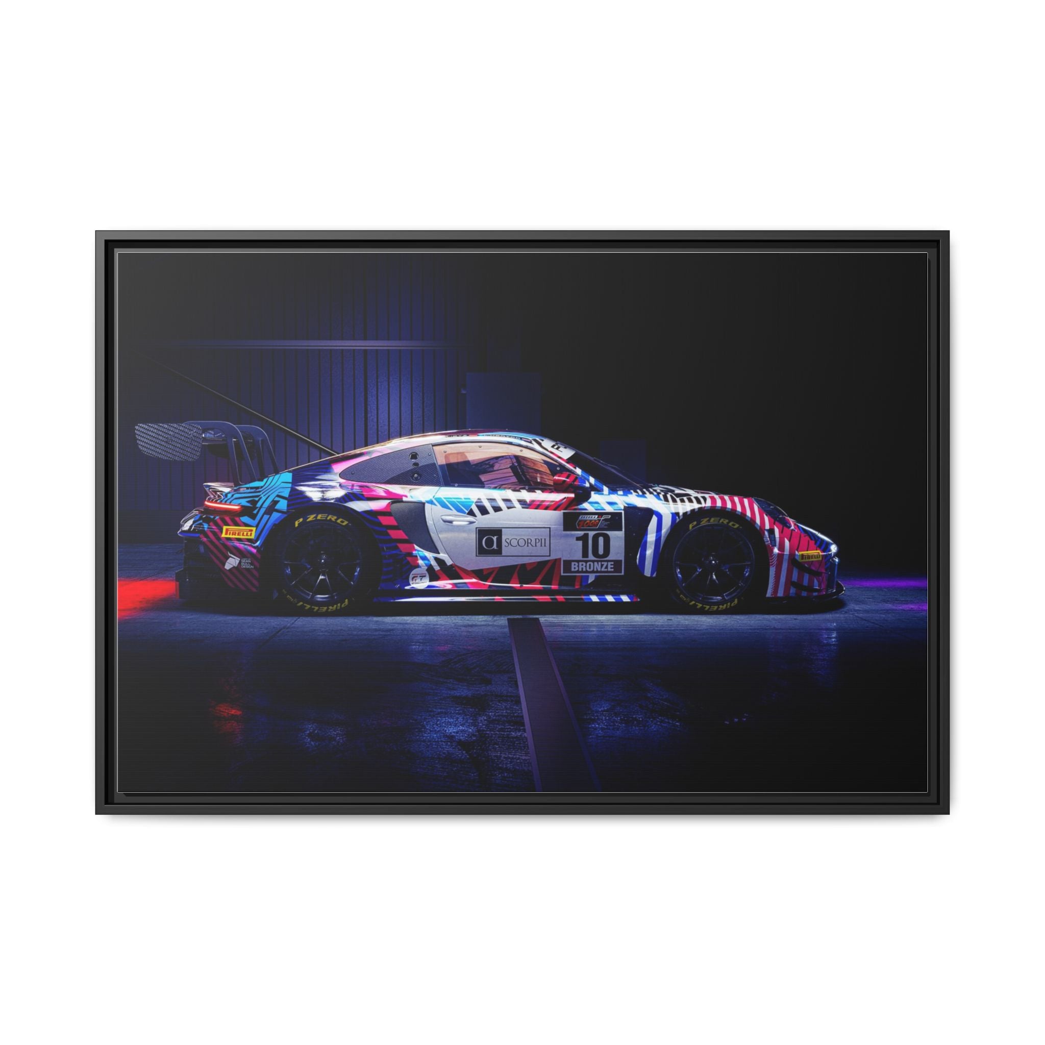 Framed Matte Canvas Print — Neon Racecar Wall Art