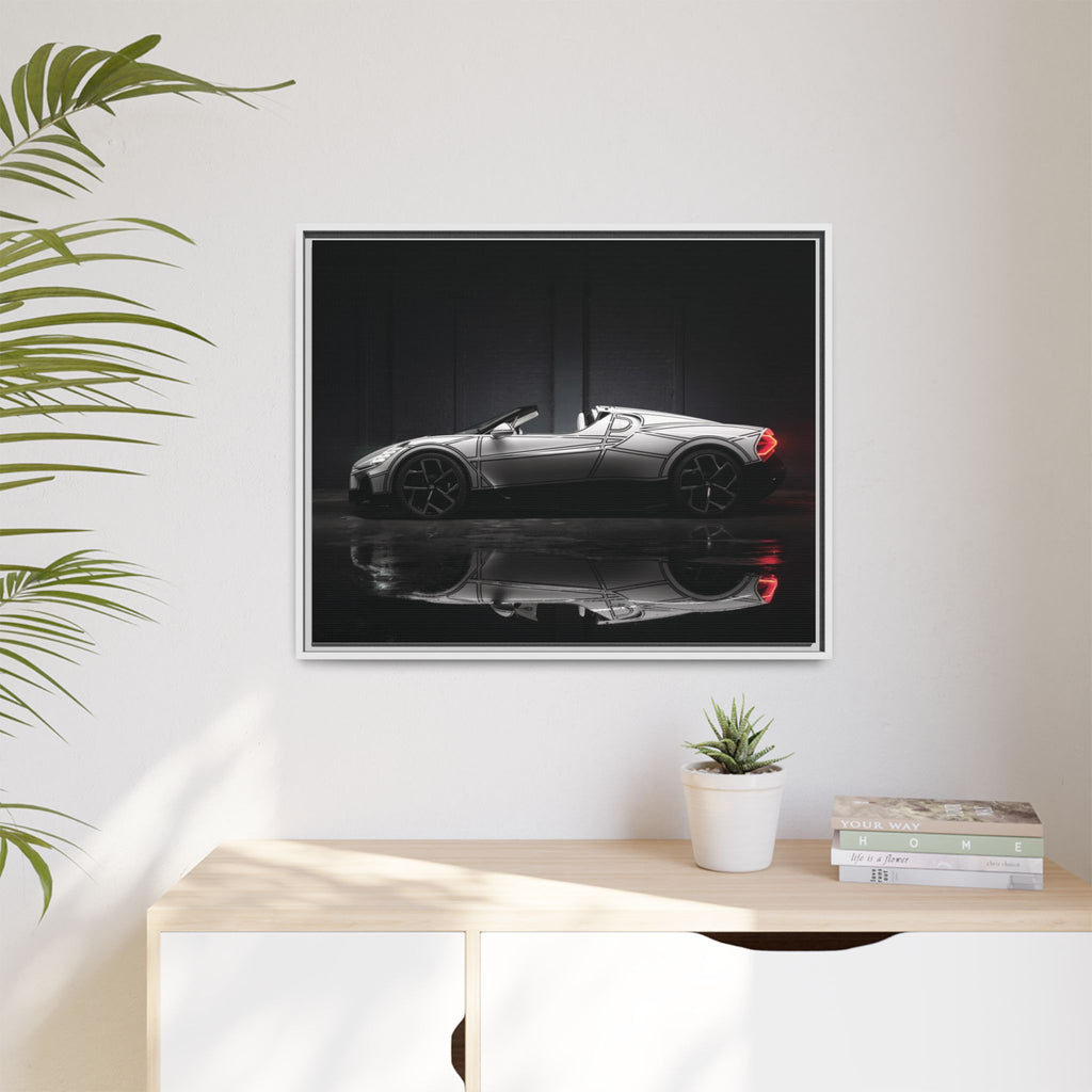 Framed Matte Canvas: Sleek Sports Car Reflection Wall Art