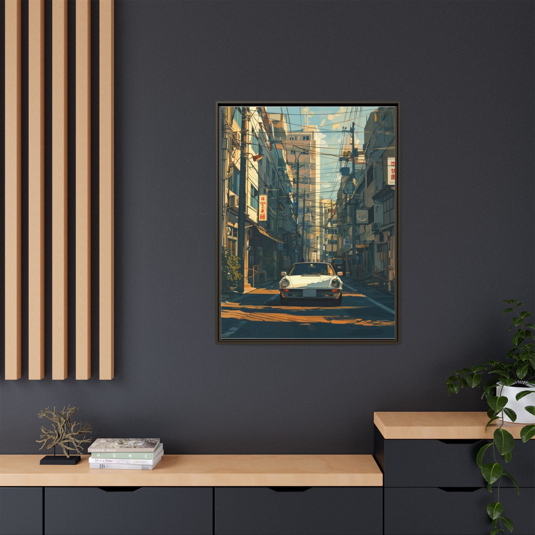Vintage Sports Car Cityscape Framed Canvas Print