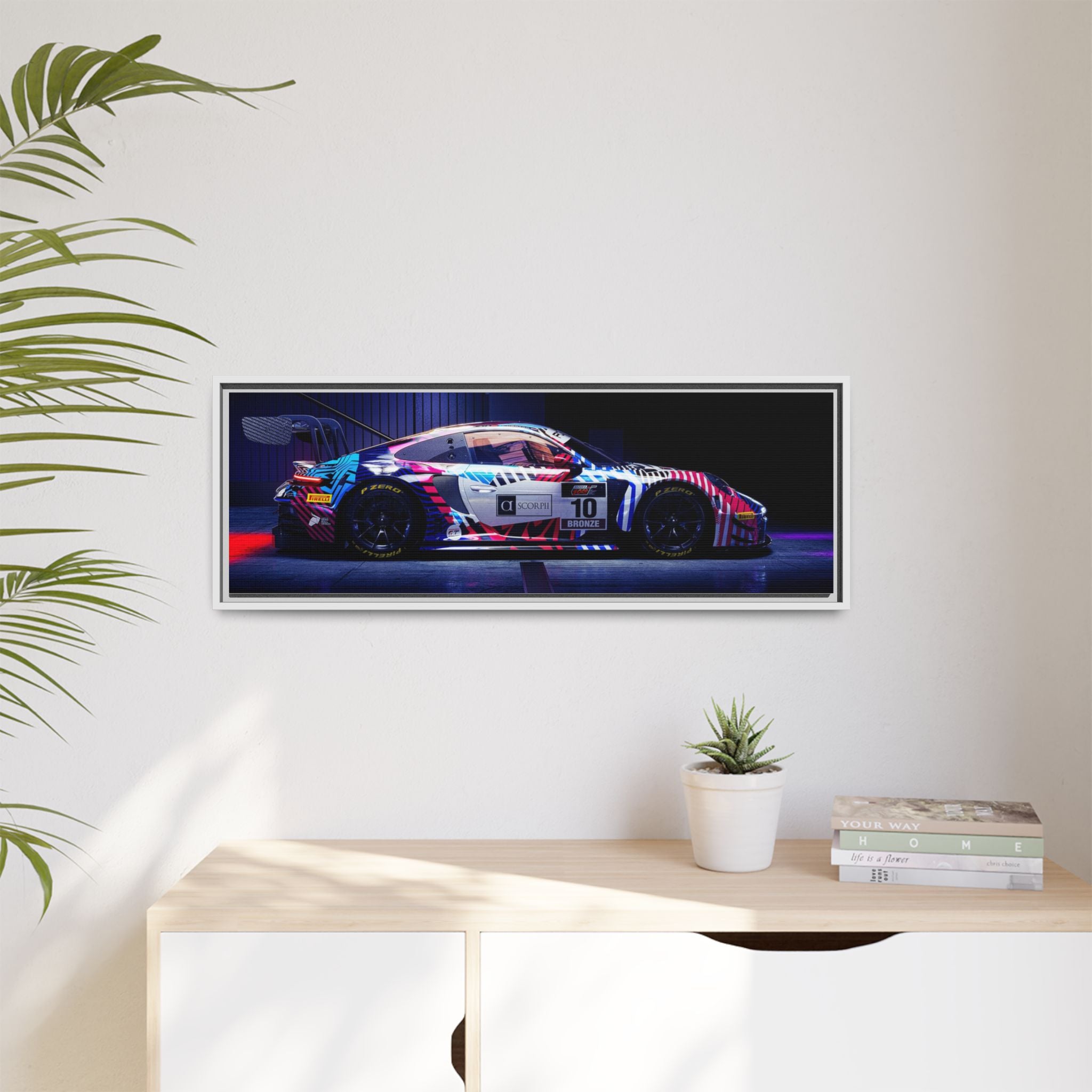 Framed Matte Canvas Print — Neon Racecar Wall Art
