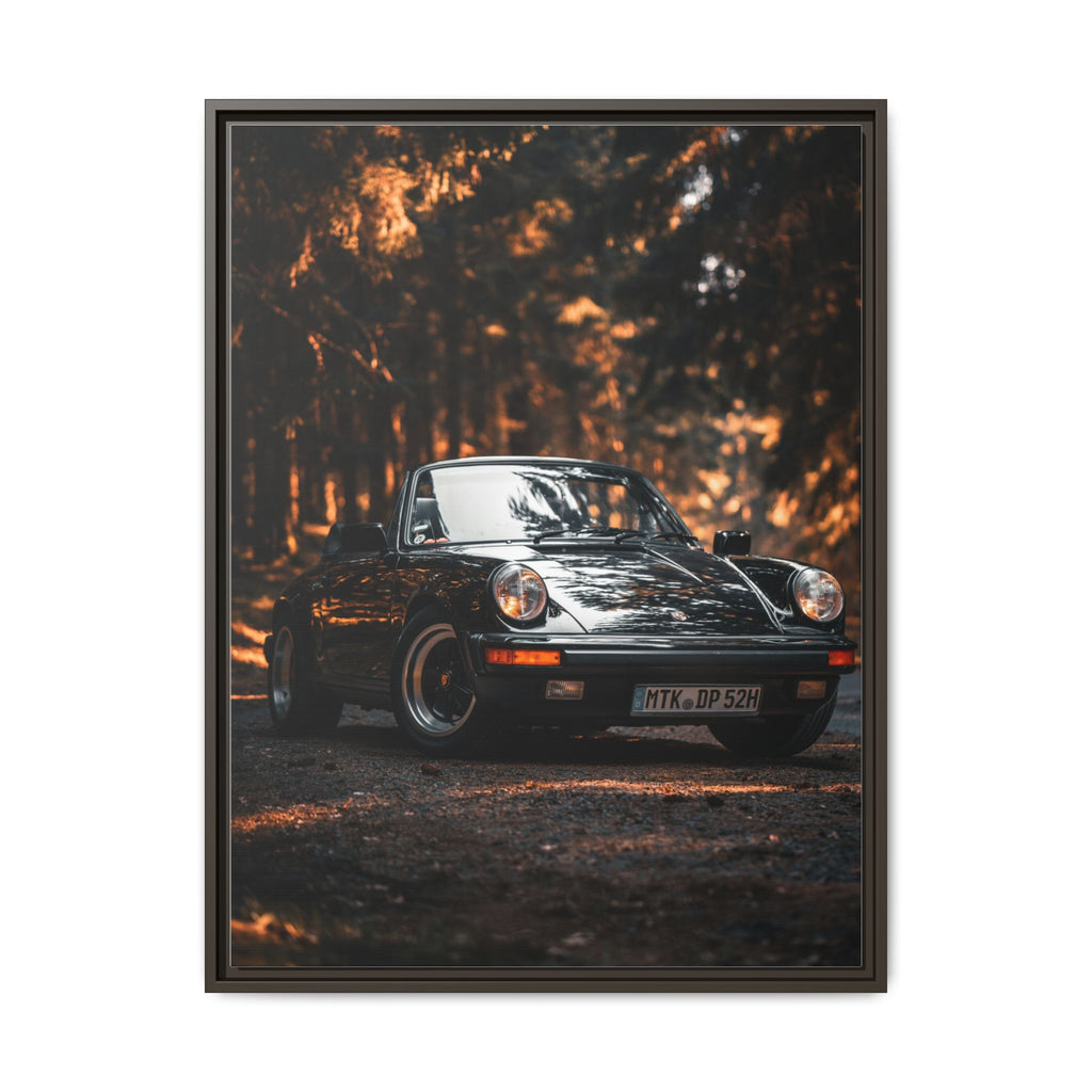 Framed Matte Canvas Print — Vintage Black Porsche in Autumn Forest