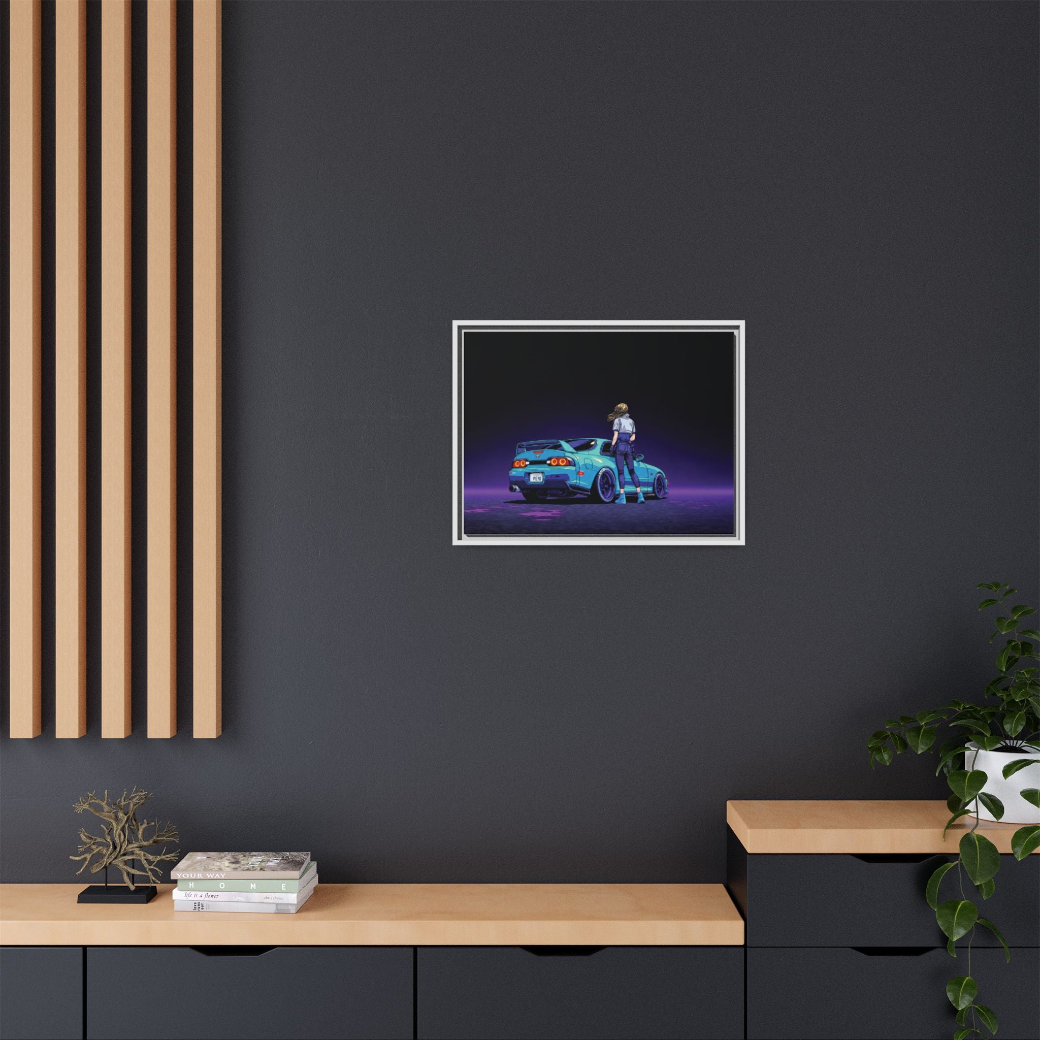 Retro Neon Race Car Poster Matte Canvas Framed | Anime Driver Wall Art