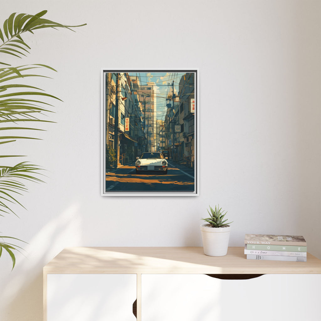 Vintage Sports Car Cityscape Framed Canvas Print