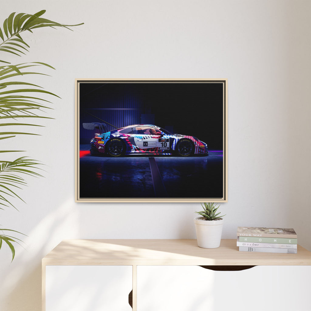 Framed Matte Canvas Print — Neon Racecar Wall Art