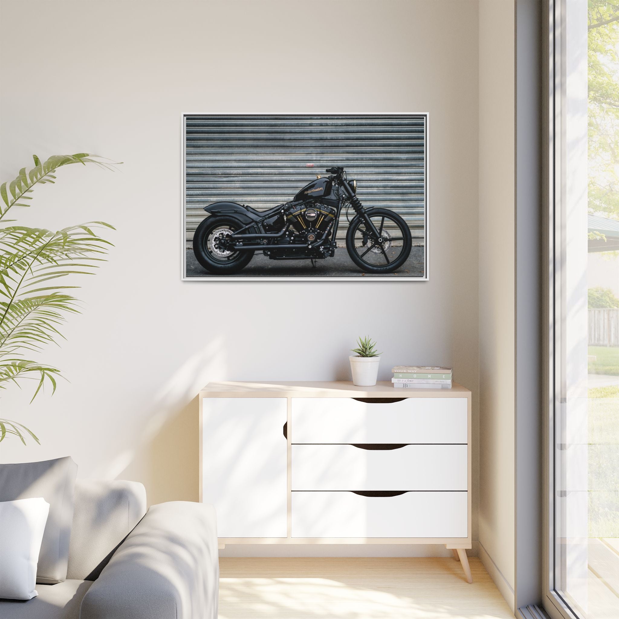 Framed Matte Canvas Motorcycle Print — Black Bobber Wall Art