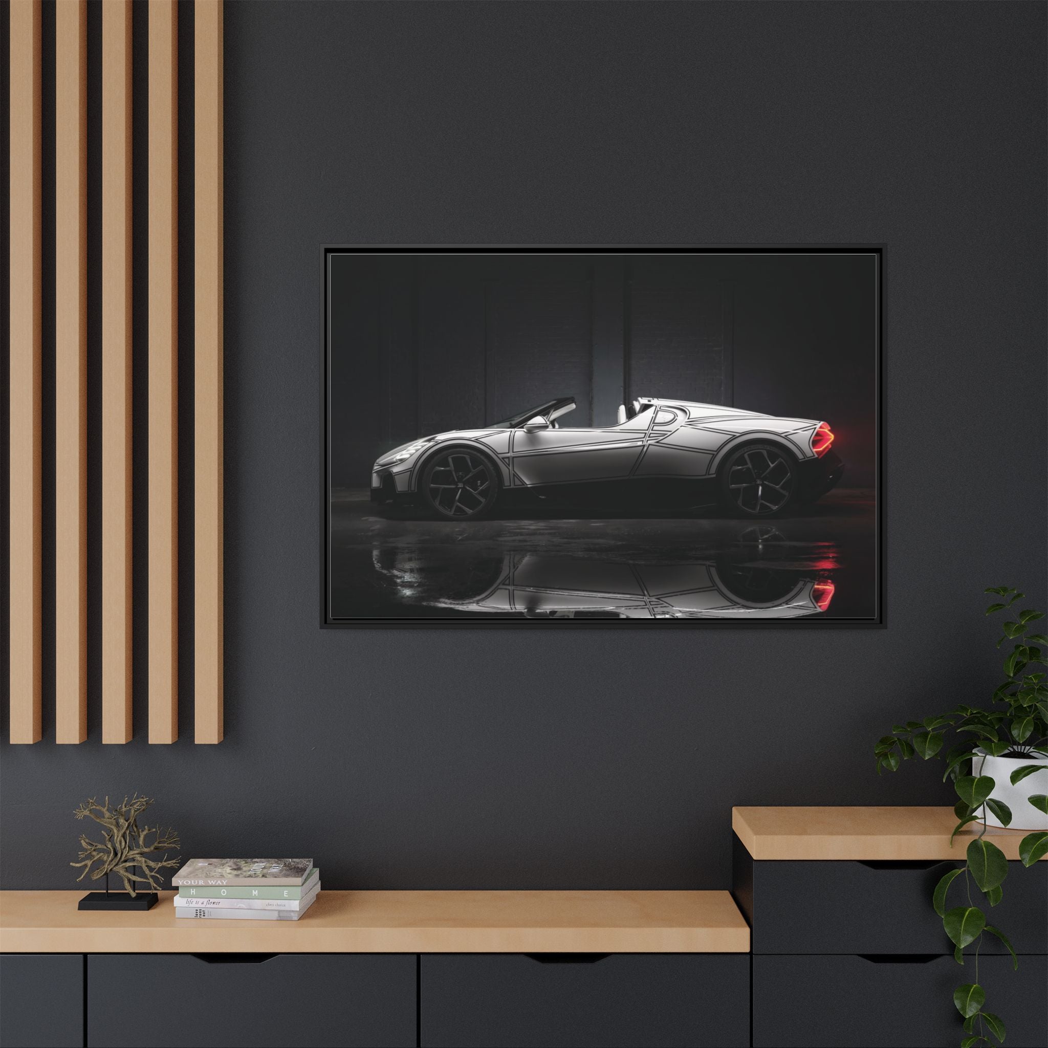 Framed Matte Canvas: Sleek Sports Car Reflection Wall Art