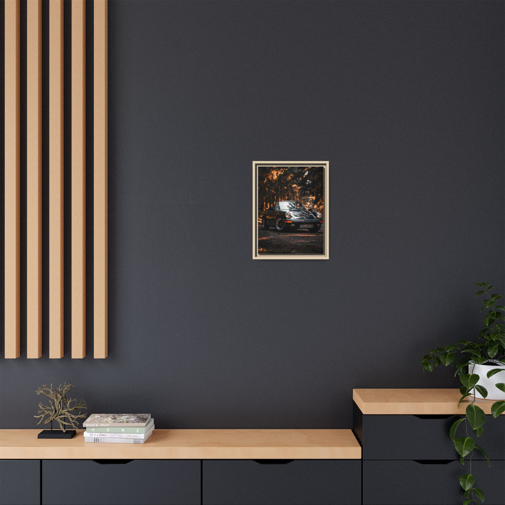 Framed Matte Canvas Print — Vintage Black Porsche in Autumn Forest