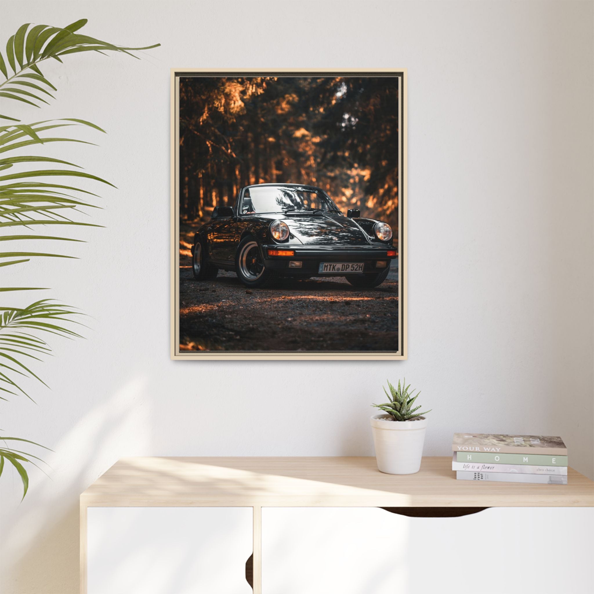 Framed Matte Canvas Print — Vintage Black Porsche in Autumn Forest