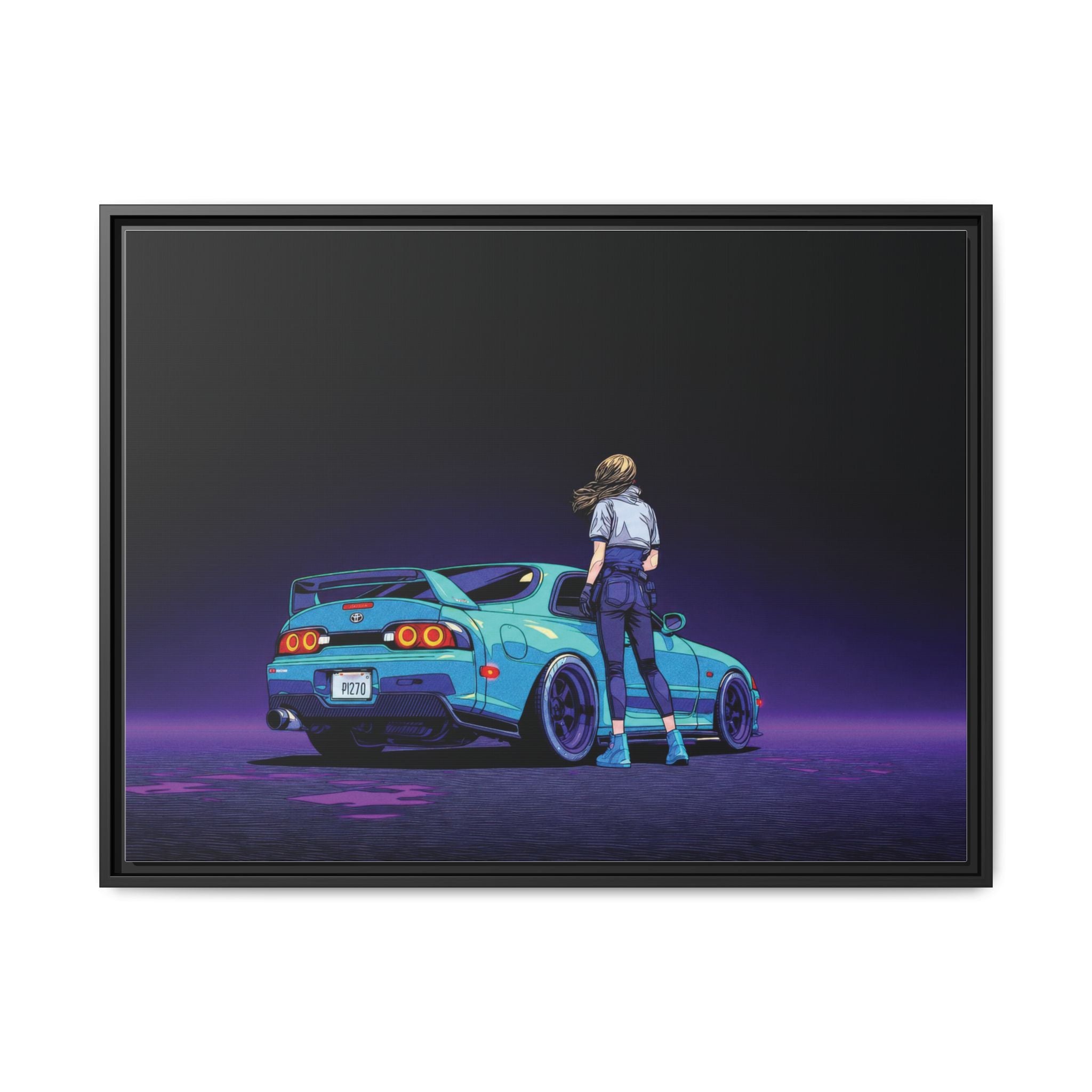 Retro Neon Race Car Poster Matte Canvas Framed | Anime Driver Wall Art