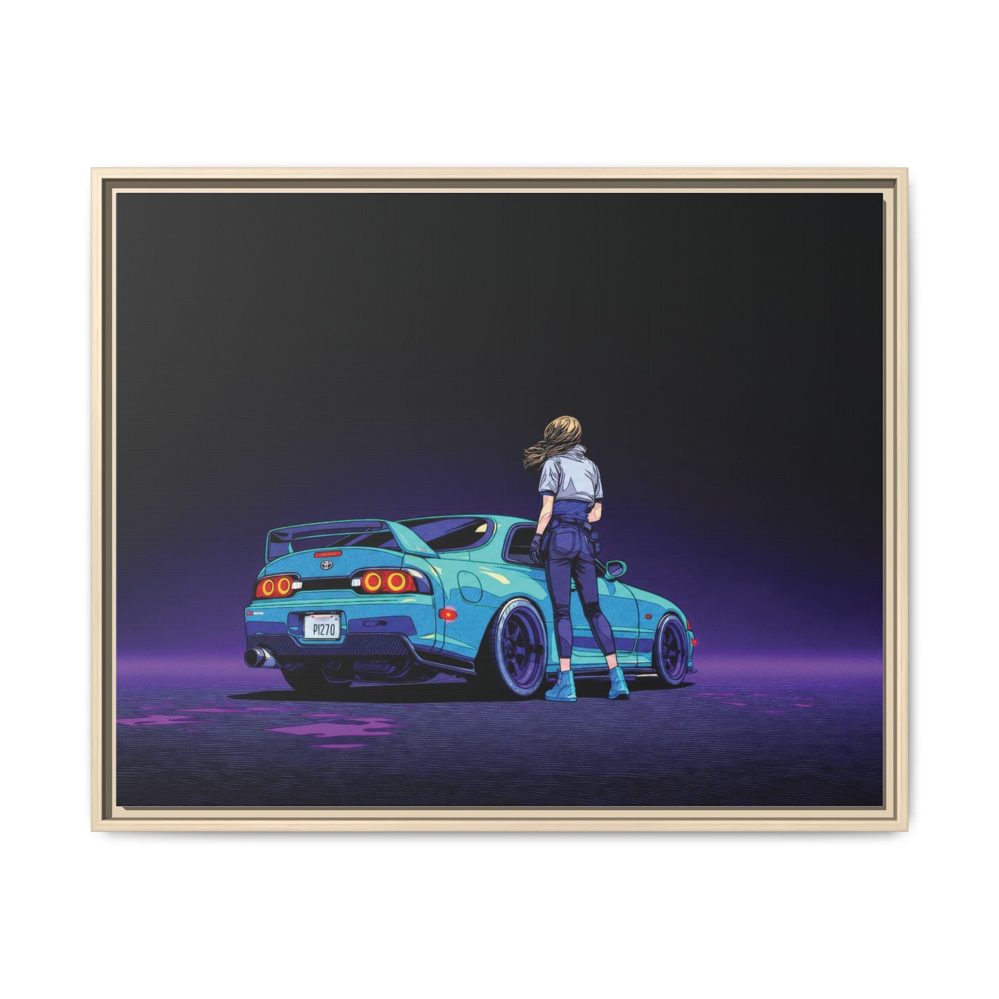 Retro Neon Race Car Poster Matte Canvas Framed | Anime Driver Wall Art
