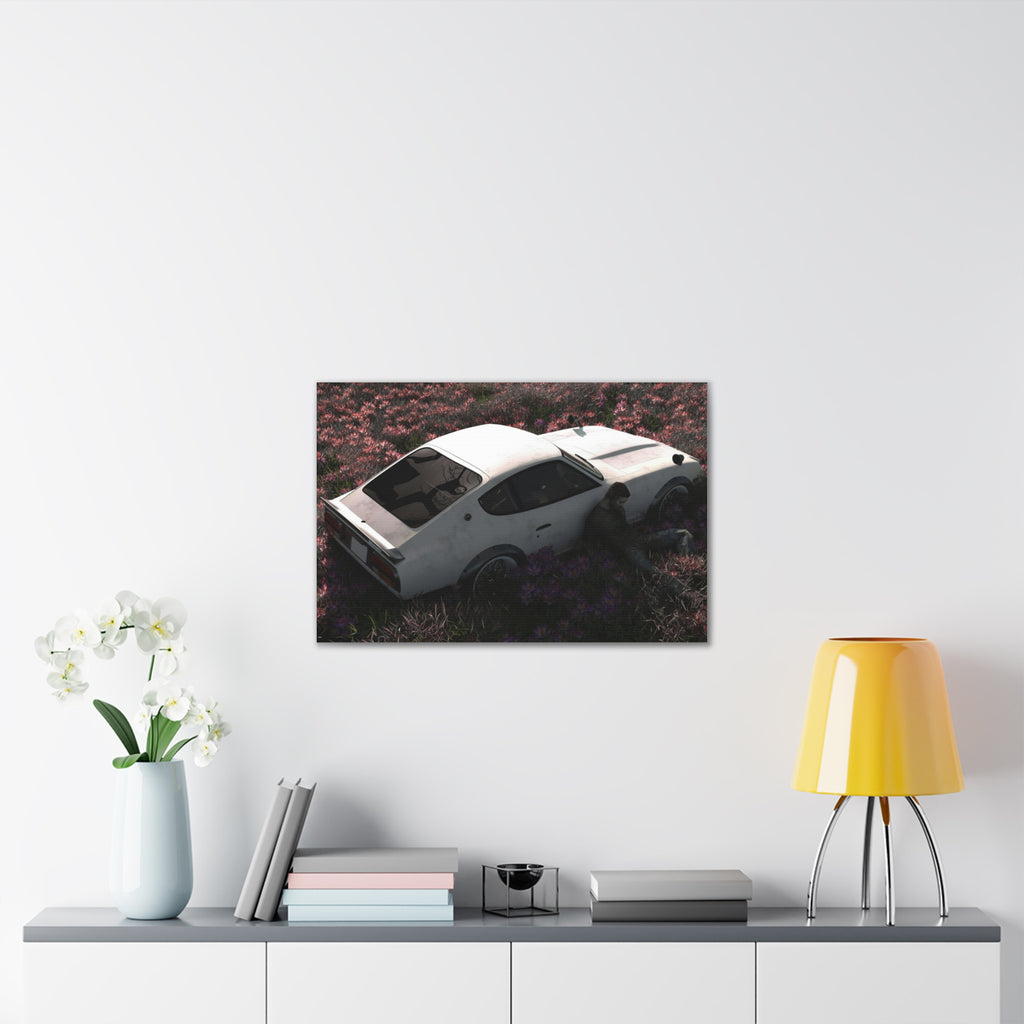 Vintage White Datsun in Wildflower Field Canvas