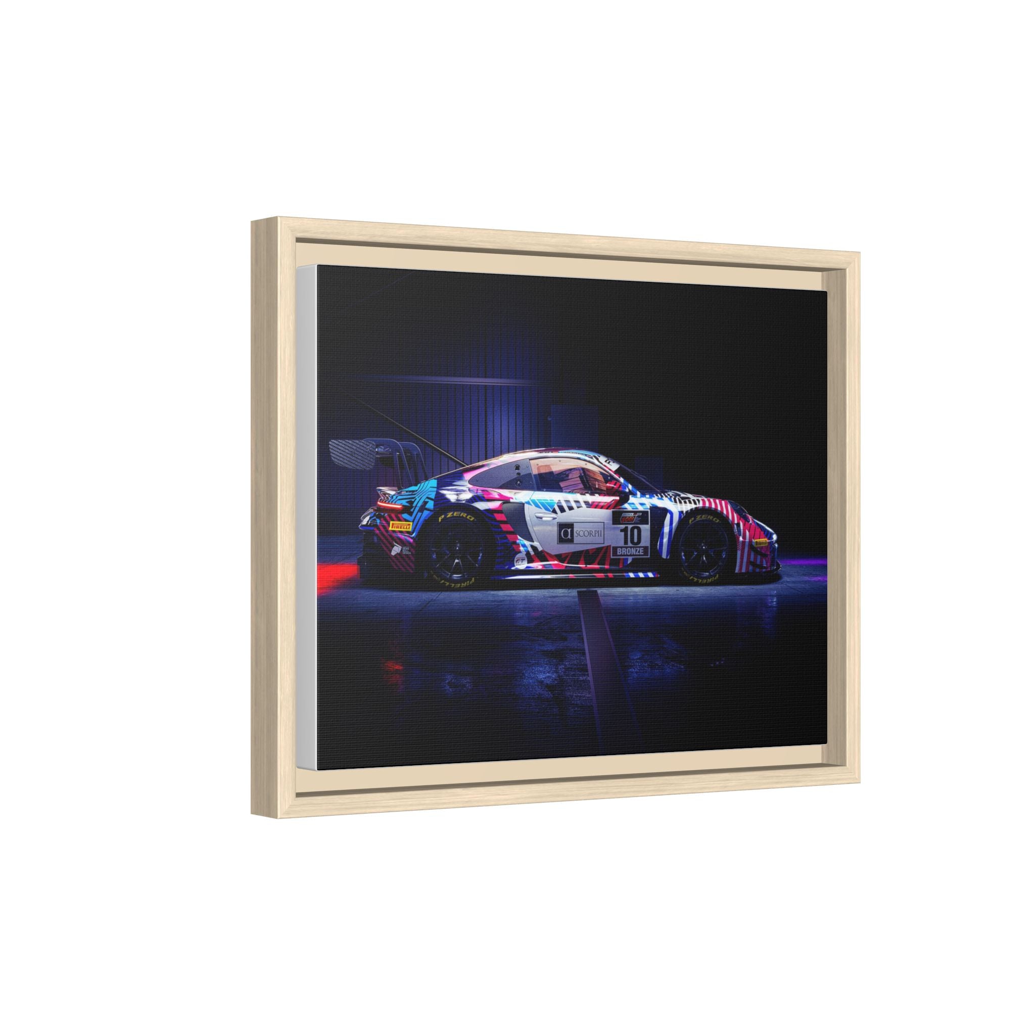 Framed Matte Canvas Print — Neon Racecar Wall Art