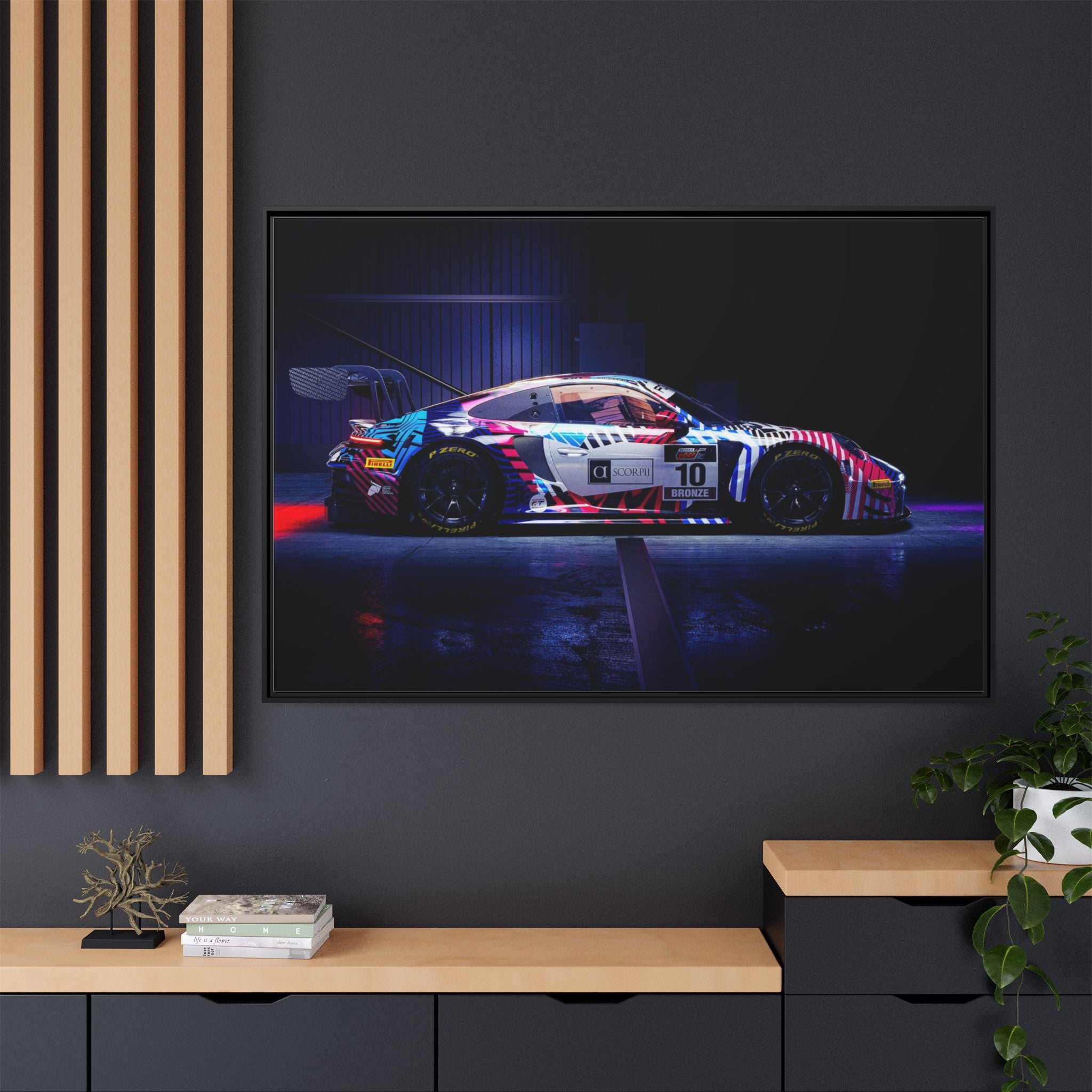Framed Matte Canvas Print — Neon Racecar Wall Art