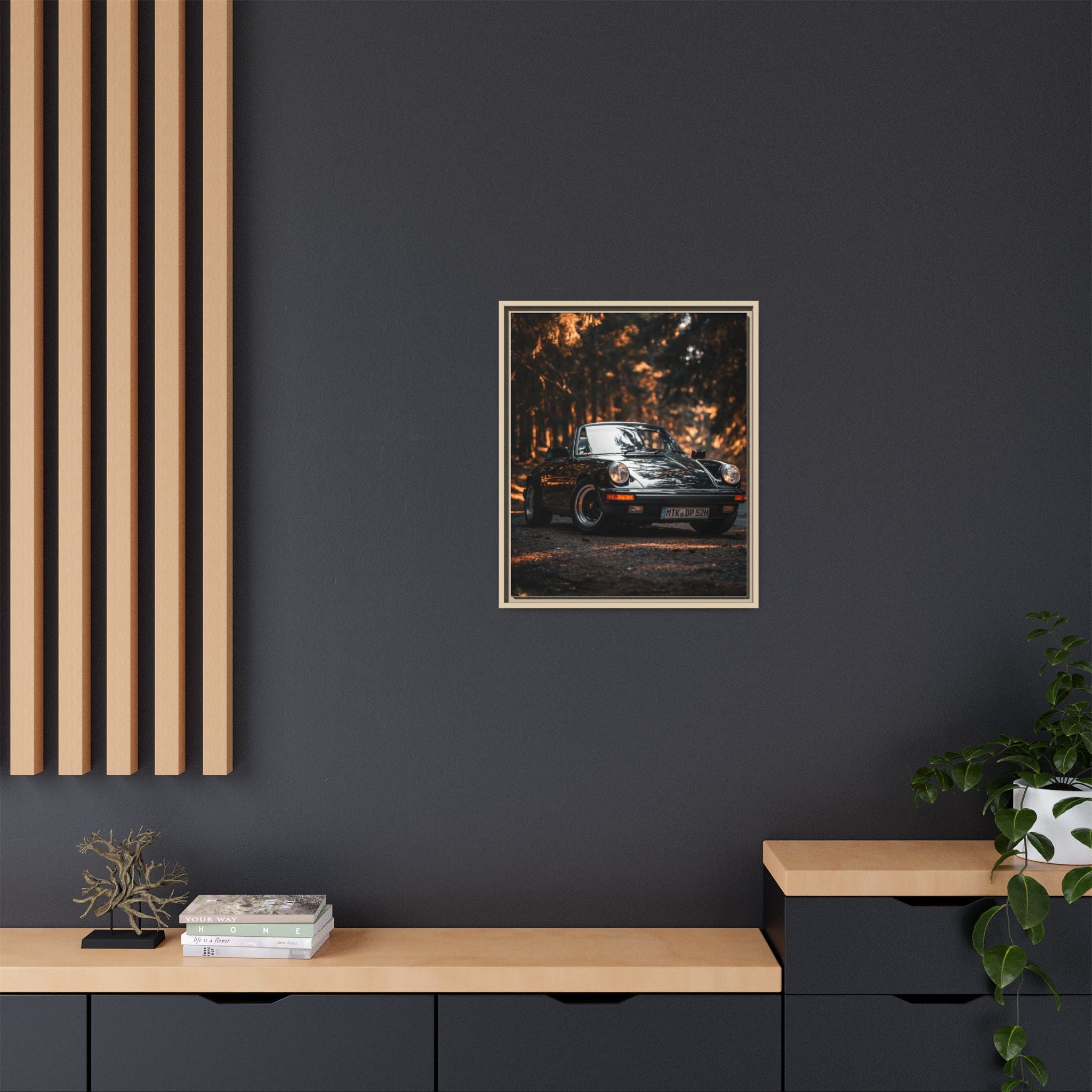 Framed Matte Canvas Print — Vintage Black Porsche in Autumn Forest