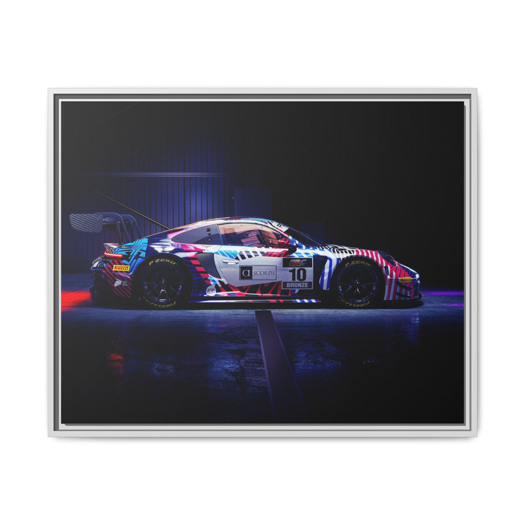 Framed Matte Canvas Print — Neon Racecar Wall Art