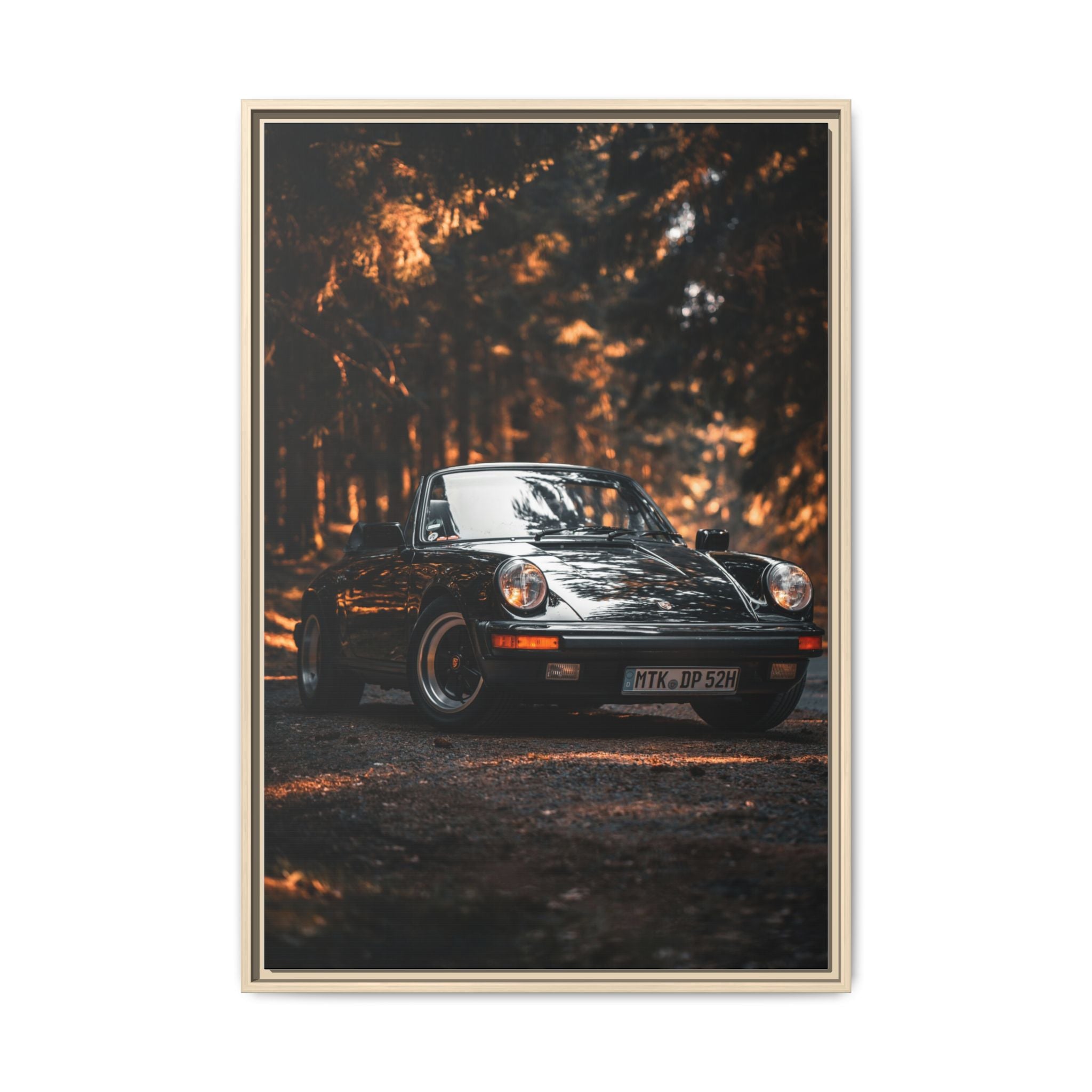 Framed Matte Canvas Print — Vintage Black Porsche in Autumn Forest