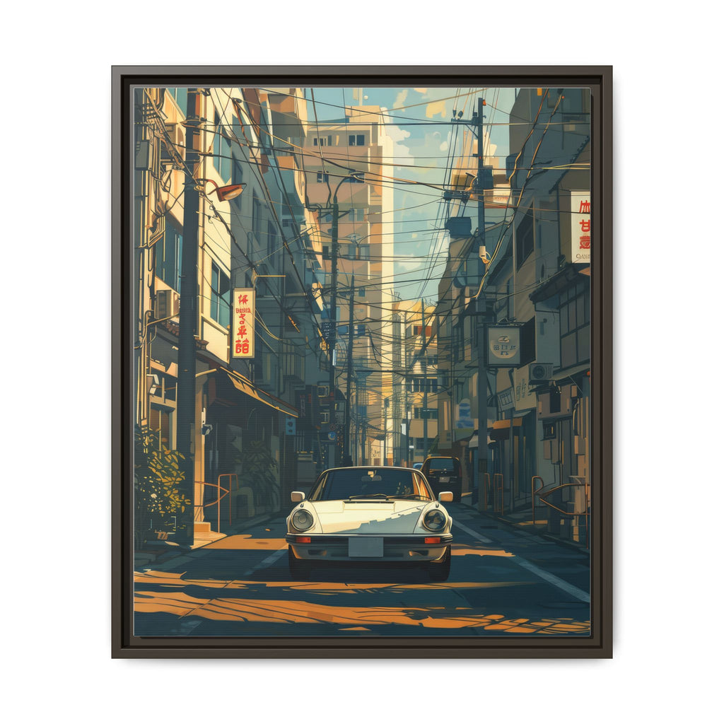 Vintage Sports Car Cityscape Framed Canvas Print