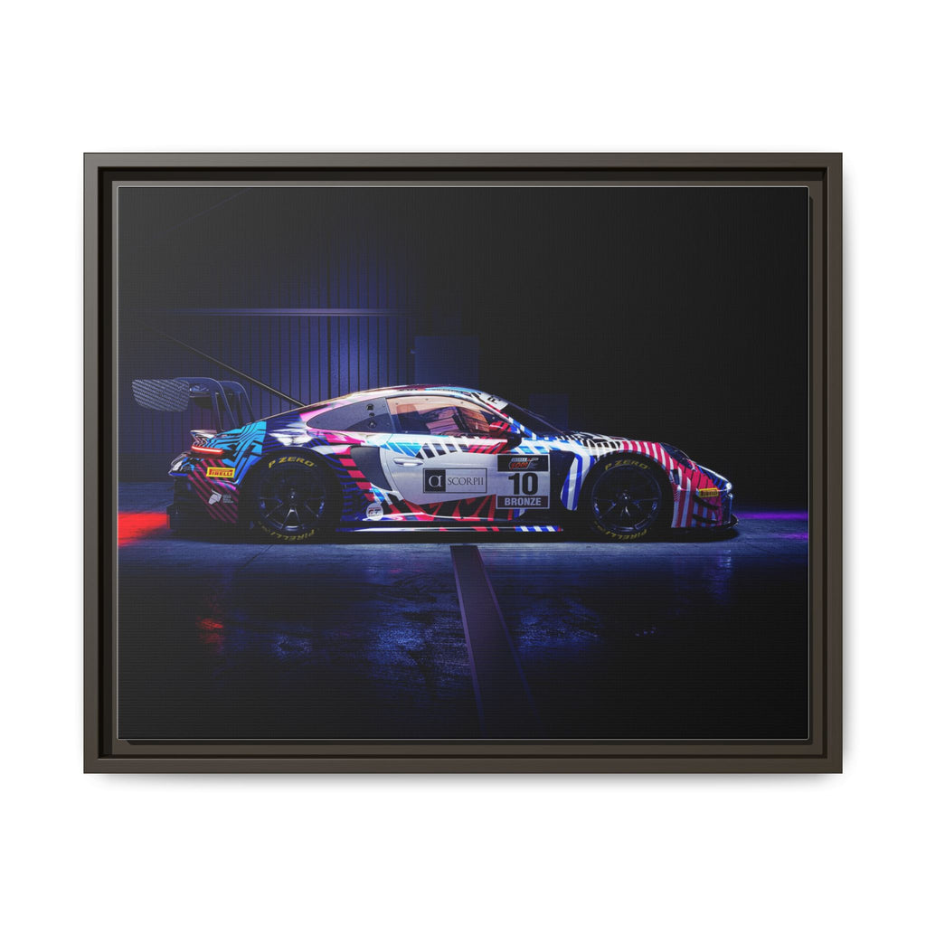 Framed Matte Canvas Print — Neon Racecar Wall Art